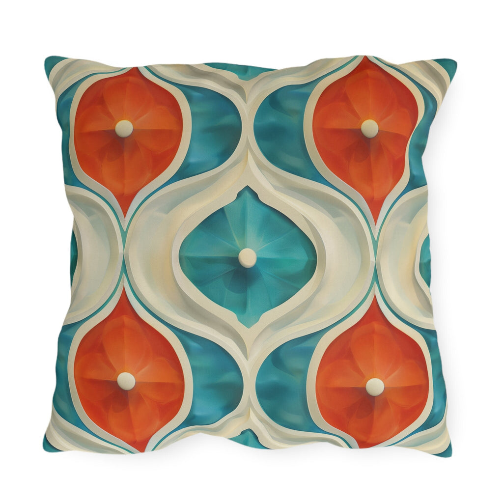 Retro Geometric Outdoor Pillow: Mid-Century Modern Turquoise & Orange UV-Resistant Cushion