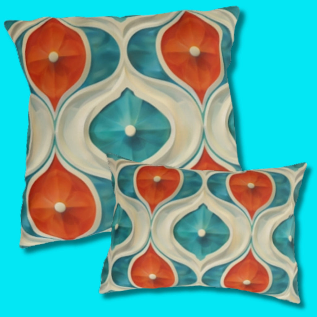 Retro Geometric Outdoor Pillow: Mid-Century Modern Turquoise & Orange UV-Resistant Cushion