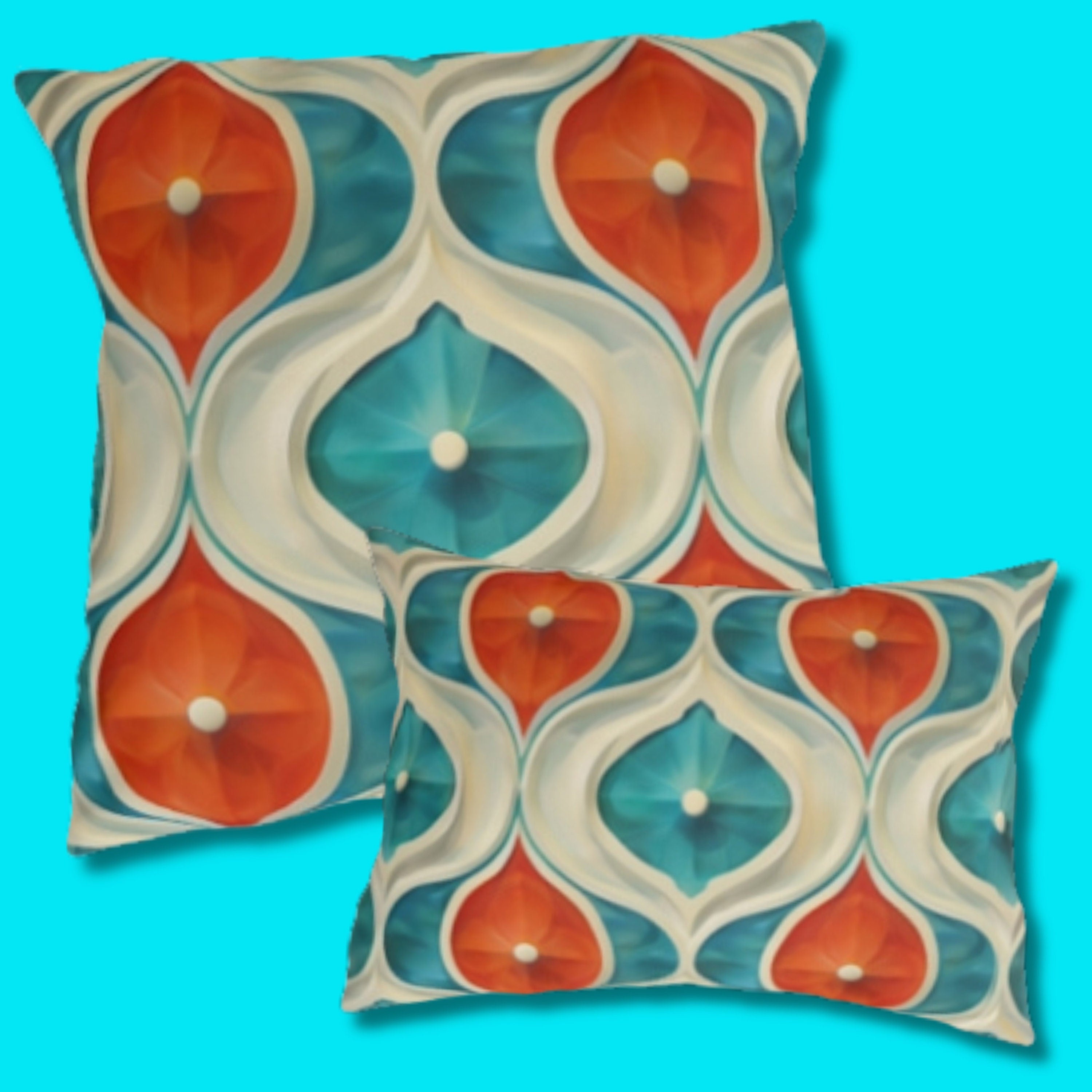Retro Geometric Outdoor Pillow: Mid-Century Modern Turquoise & Orange UV-Resistant Cushion