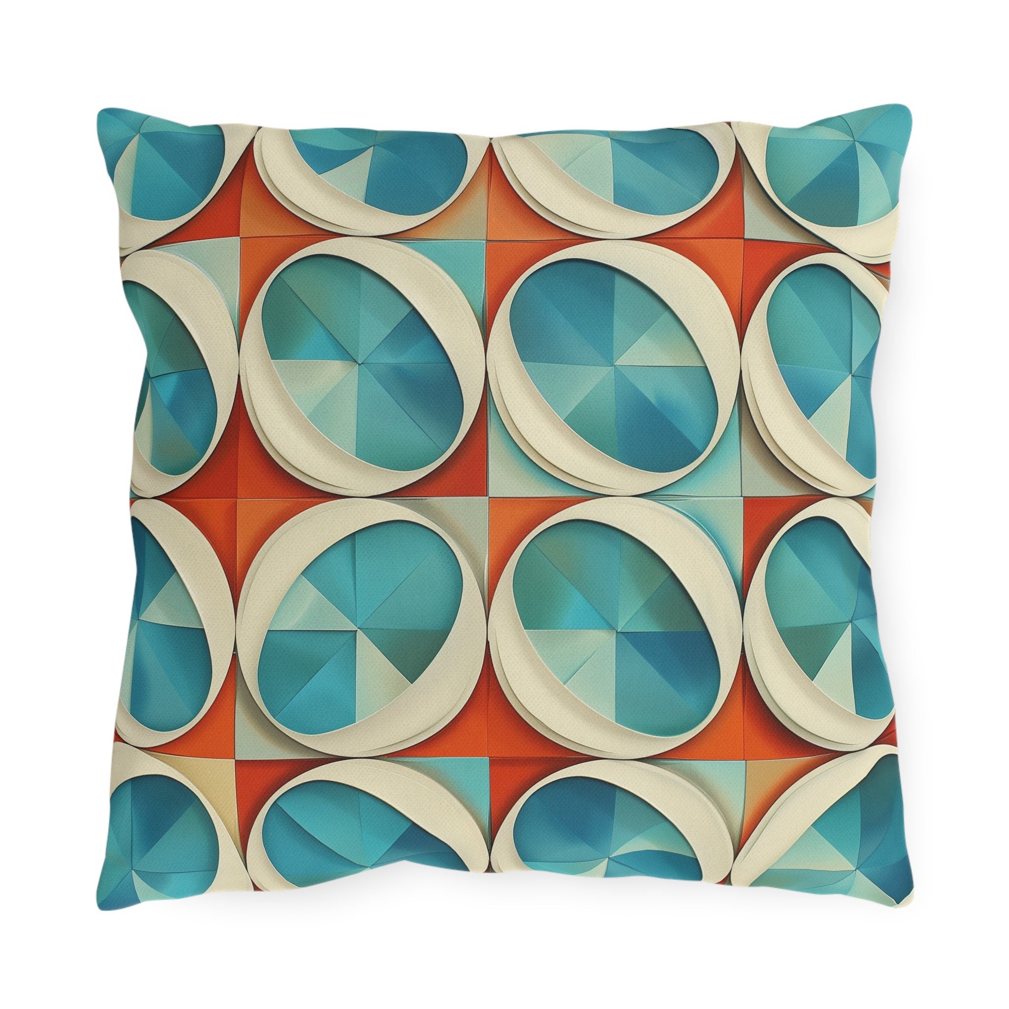 Mid-Century Modern Outdoor Pillow: Burnt Orange & Turquoise Optical Illusion