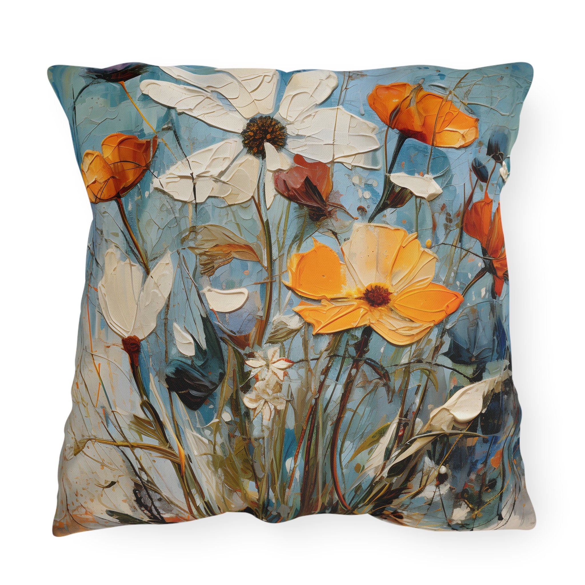 Vintage-Inspired Water Resistant Outdoor Pillow - Vibrant Blue Wildflower Oil Painting Design for Patio & Pool