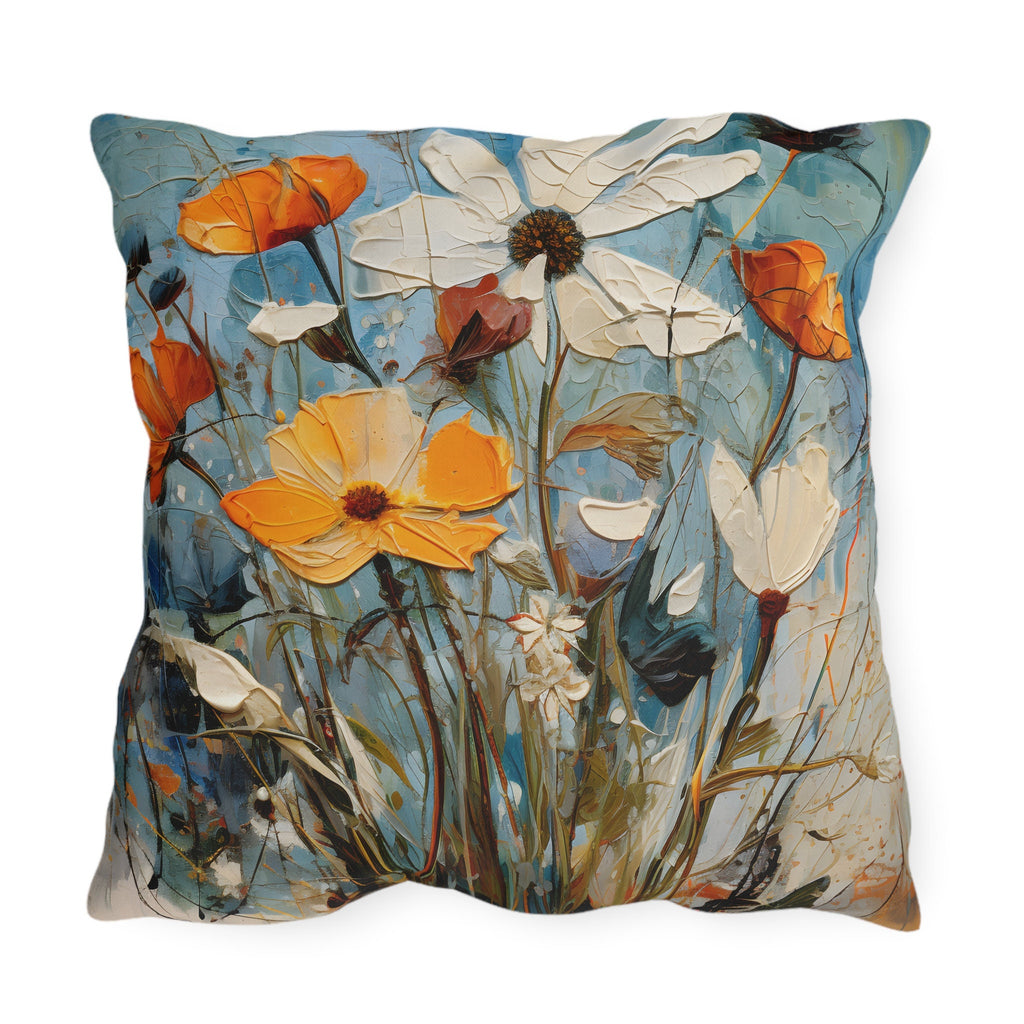 Vintage-Inspired Water Resistant Outdoor Pillow - Vibrant Blue Wildflower Oil Painting Design for Patio & Pool