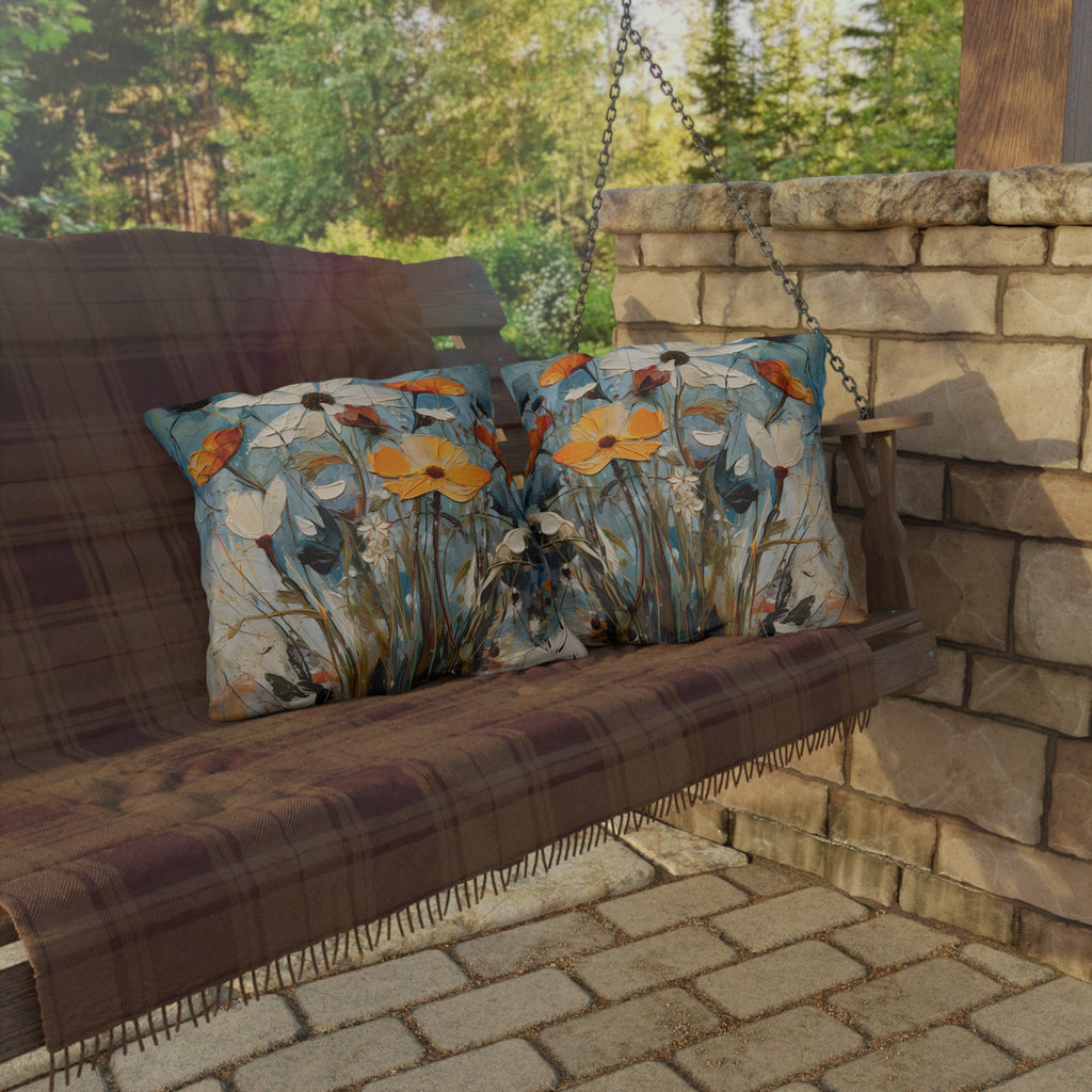 Vintage-Inspired Water Resistant Outdoor Pillow - Vibrant Blue Wildflower Oil Painting Design for Patio & Pool