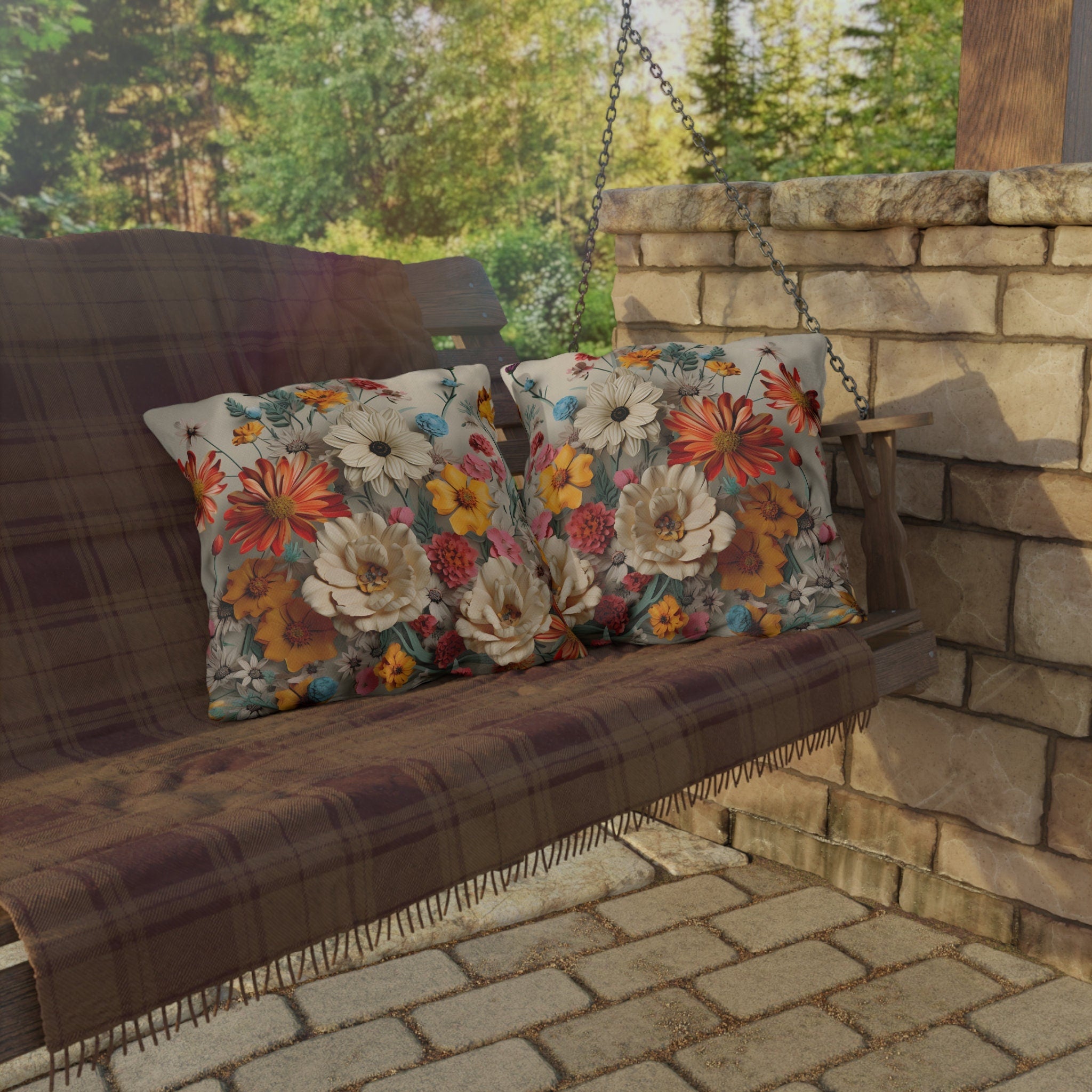 Vibrant Boho Wildflower Outdoor Pillow - Water-Resistant Patio Cushion for Poolside Decor