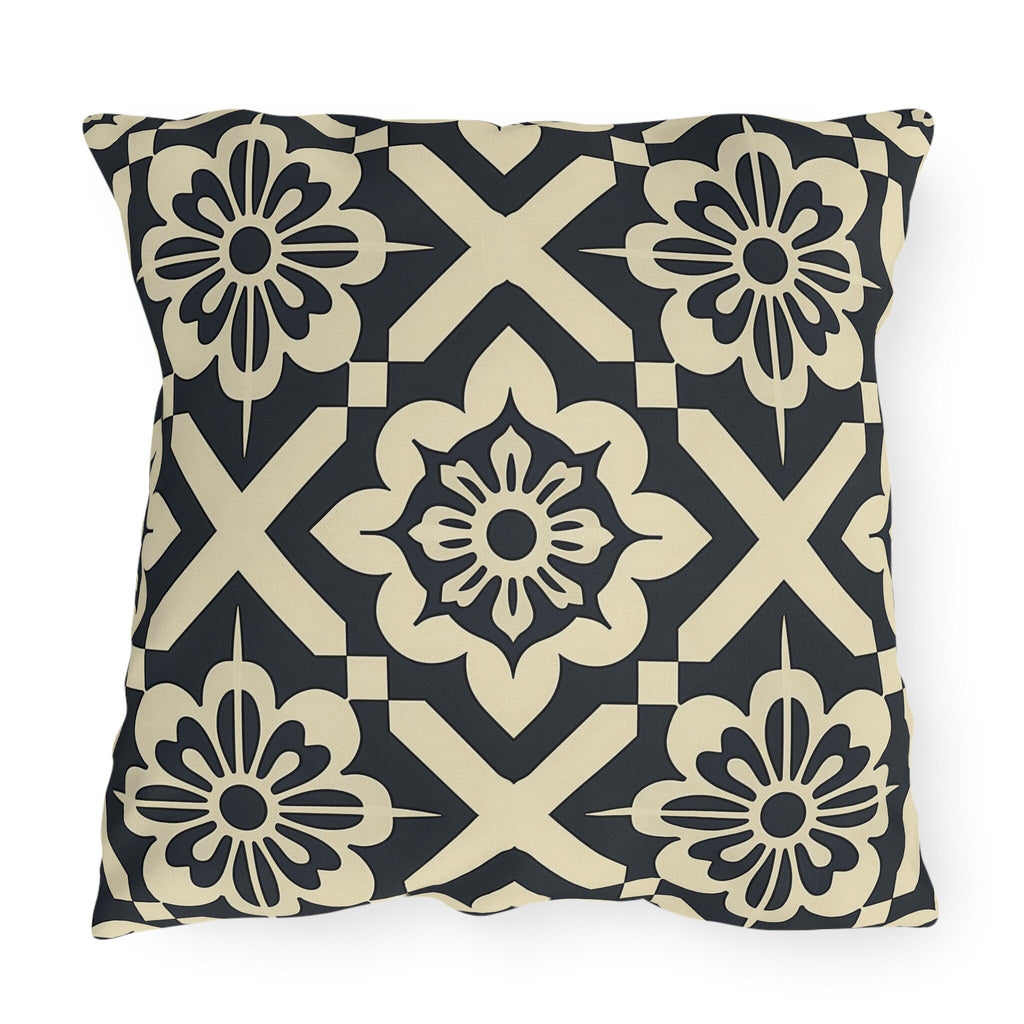 Navy & Cream Geometric Floral Outdoor Pillow - Symmetrical Tile Design for Modern Patio Decor
