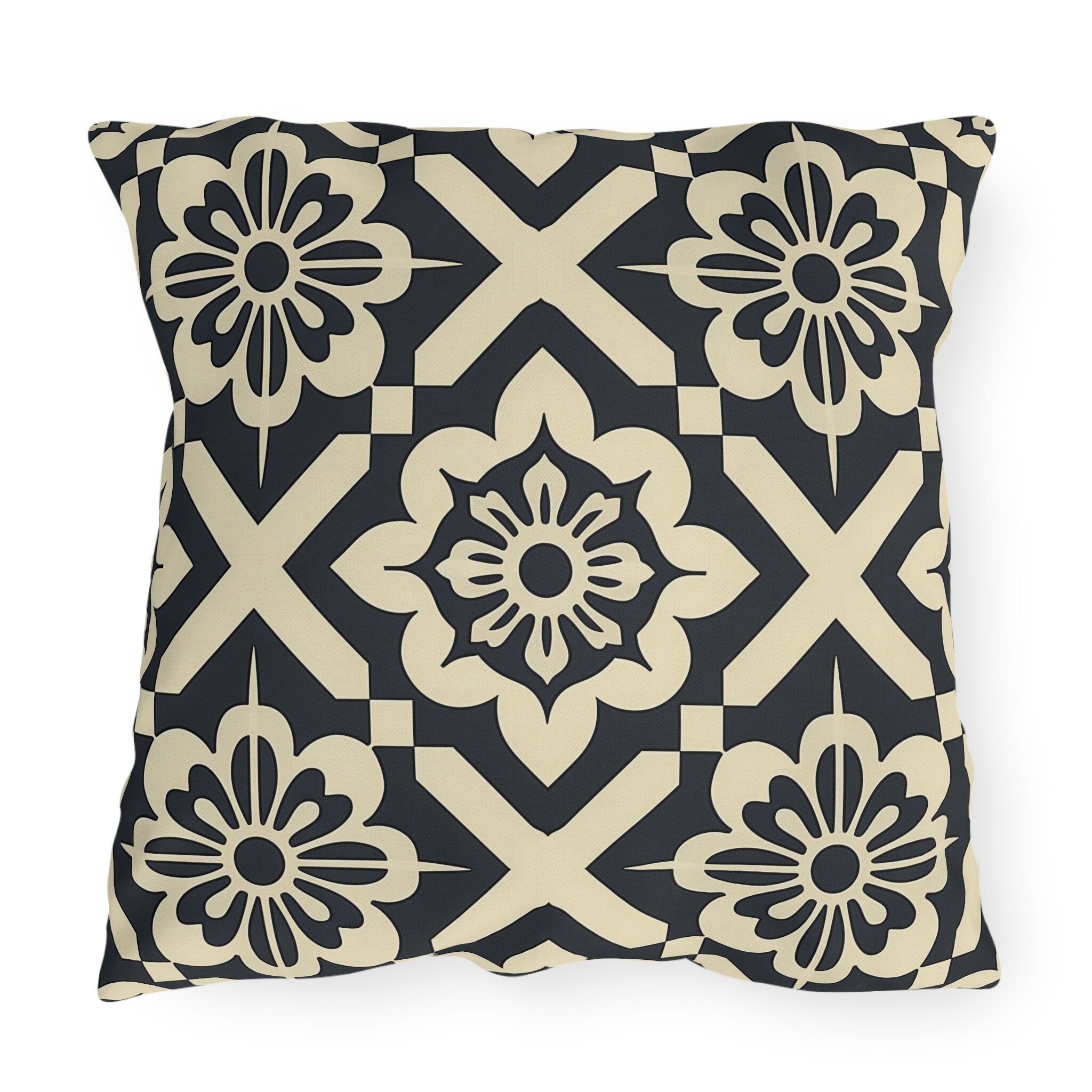 Navy & Cream Geometric Floral Outdoor Pillow - Symmetrical Tile Design for Modern Patio Decor