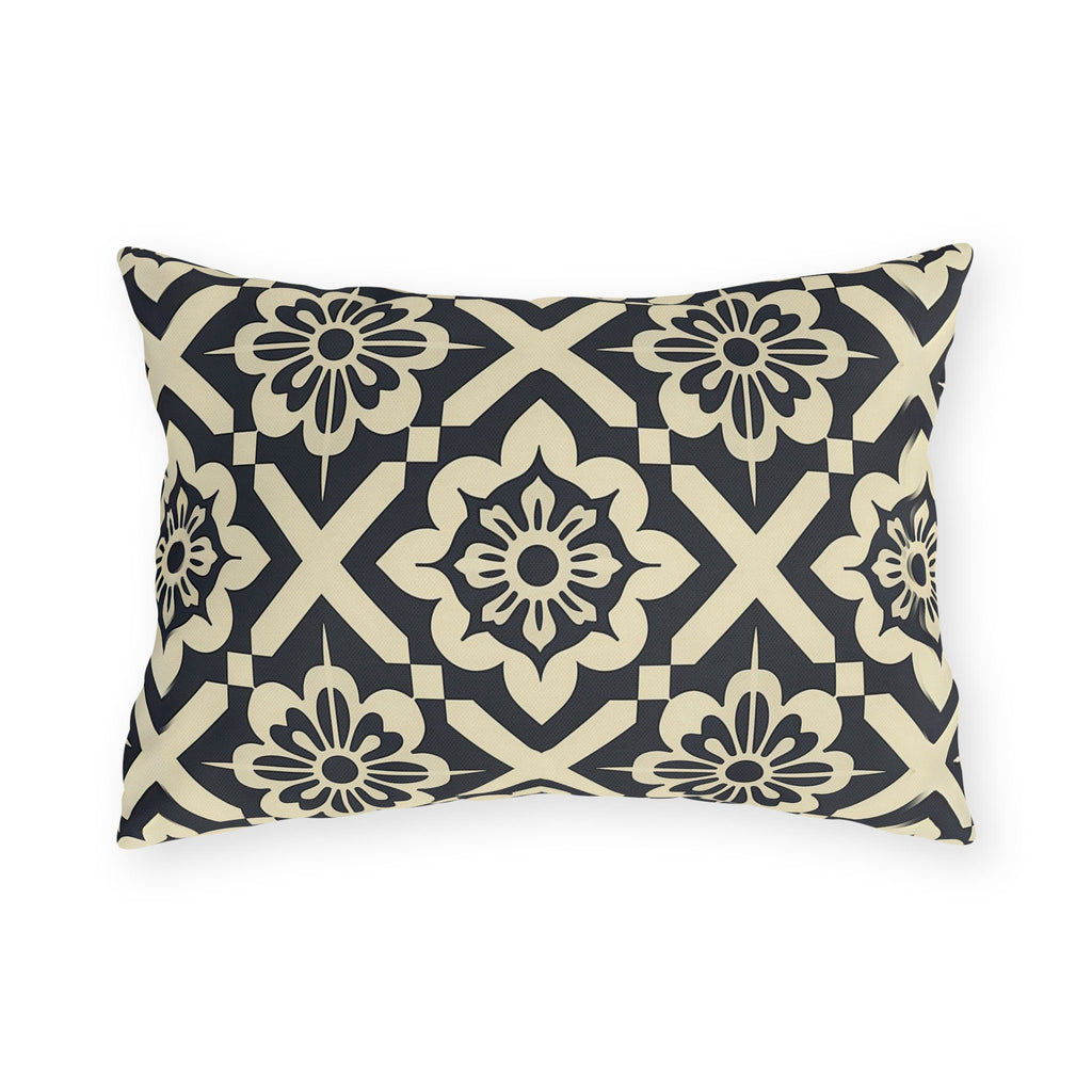 Navy & Cream Geometric Floral Outdoor Pillow - Symmetrical Tile Design for Modern Patio Decor