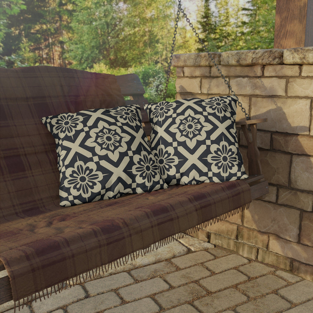 Navy & Cream Geometric Floral Outdoor Pillow - Symmetrical Tile Design for Modern Patio Decor