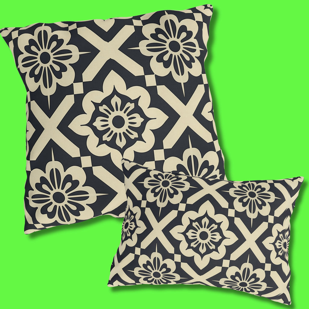 Navy & Cream Geometric Floral Outdoor Pillow - Symmetrical Tile Design for Modern Patio Decor