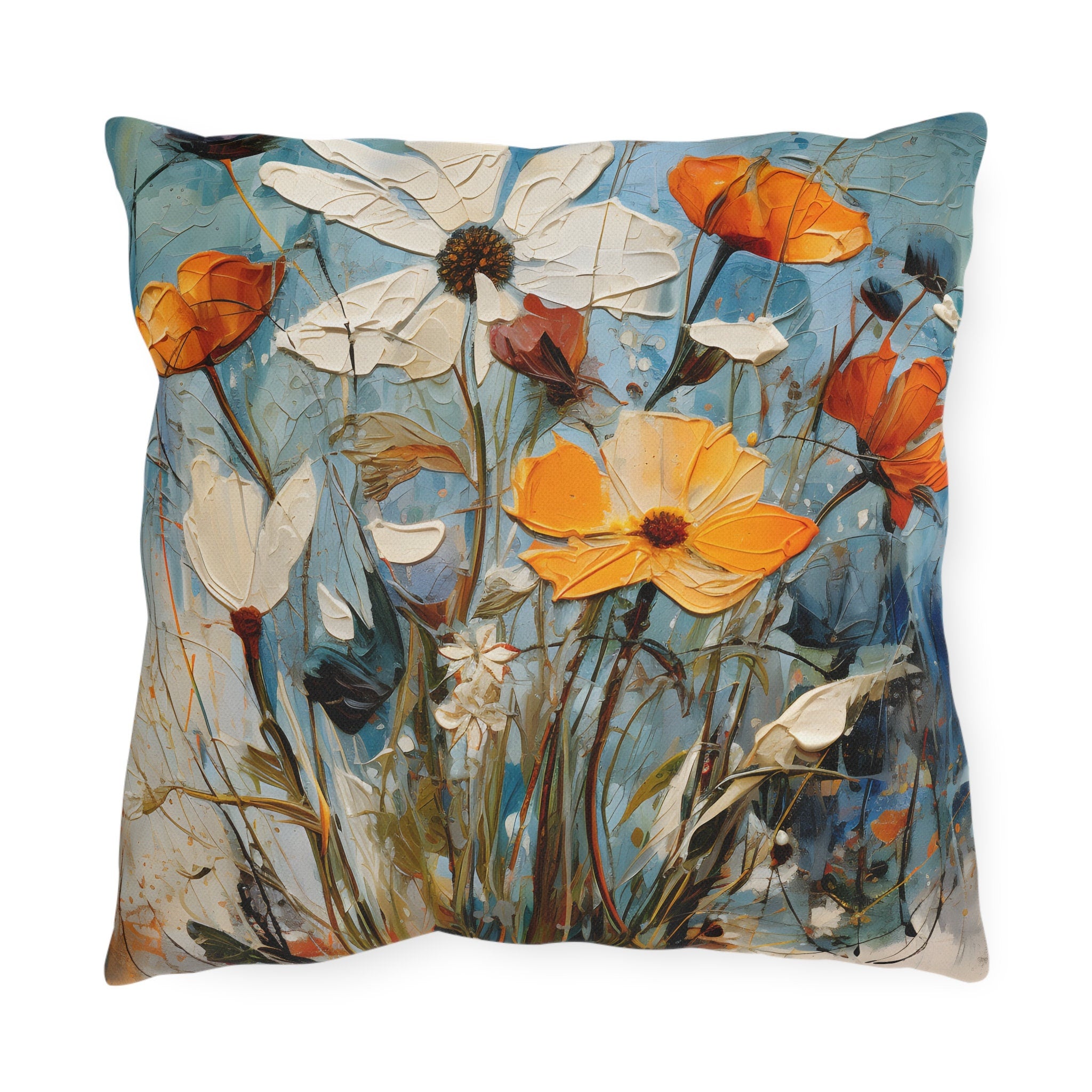 Vintage-Inspired Water Resistant Outdoor Pillow - Vibrant Blue Wildflower Oil Painting Design for Patio & Pool
