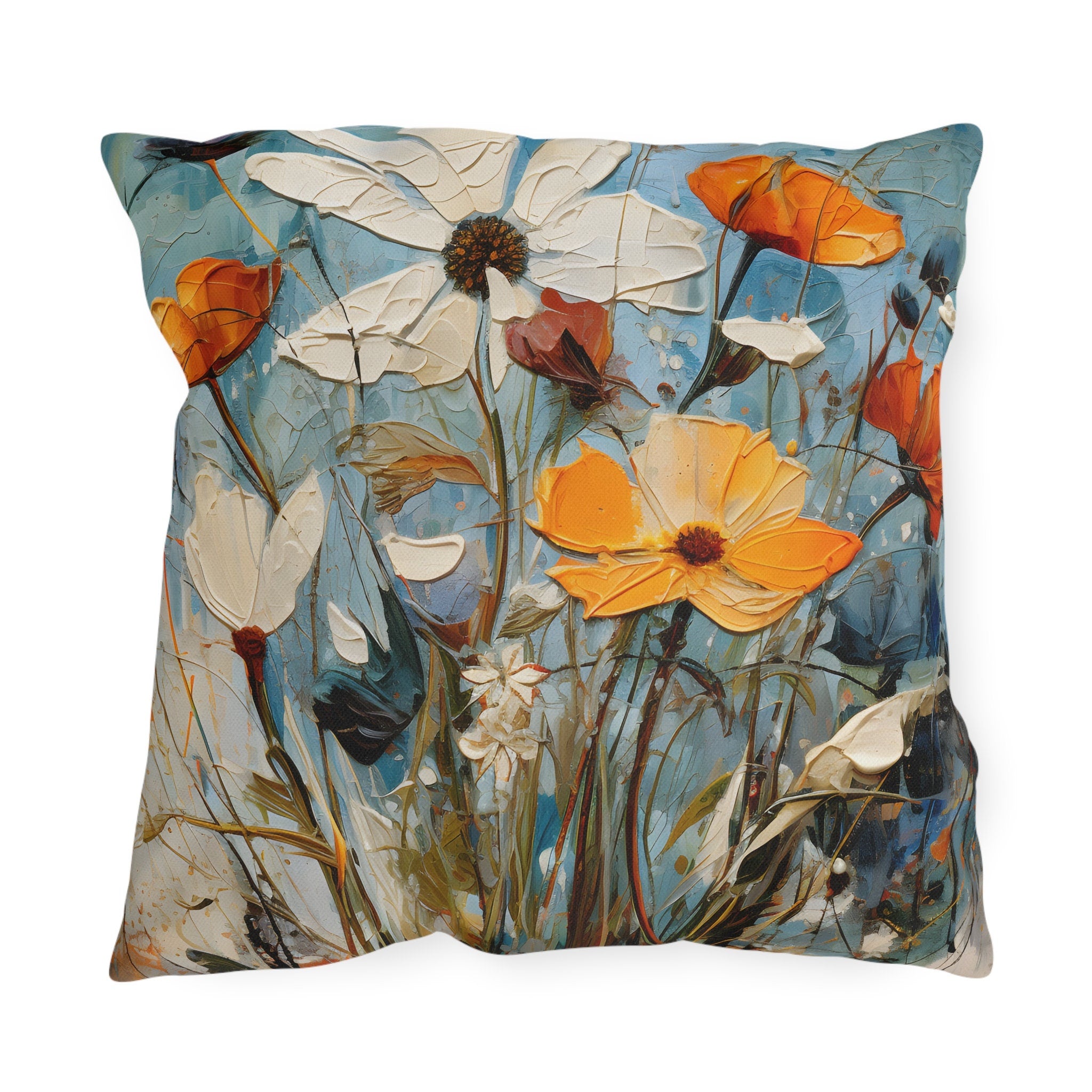 Vintage-Inspired Water Resistant Outdoor Pillow - Vibrant Blue Wildflower Oil Painting Design for Patio & Pool