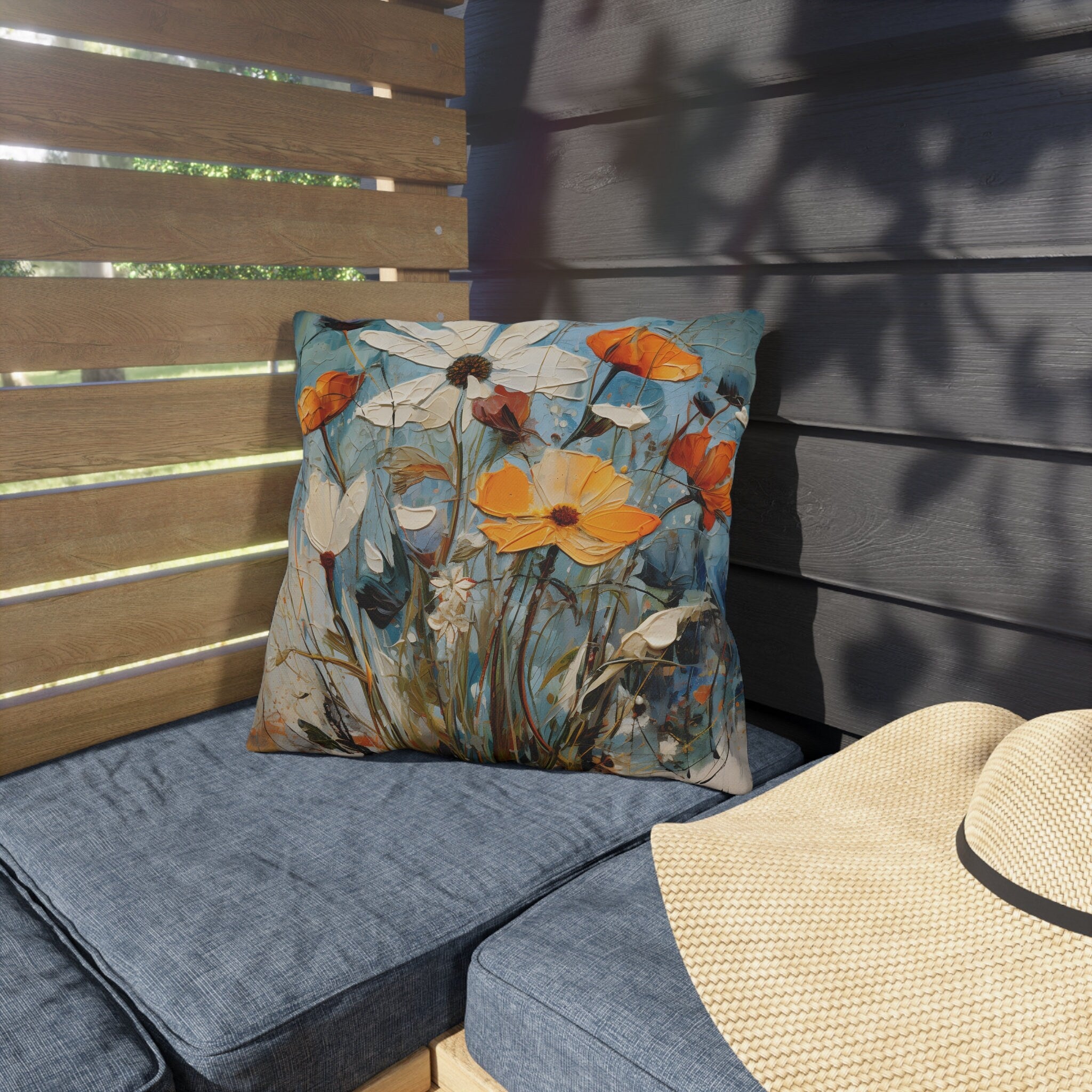 Vintage-Inspired Water Resistant Outdoor Pillow - Vibrant Blue Wildflower Oil Painting Design for Patio & Pool