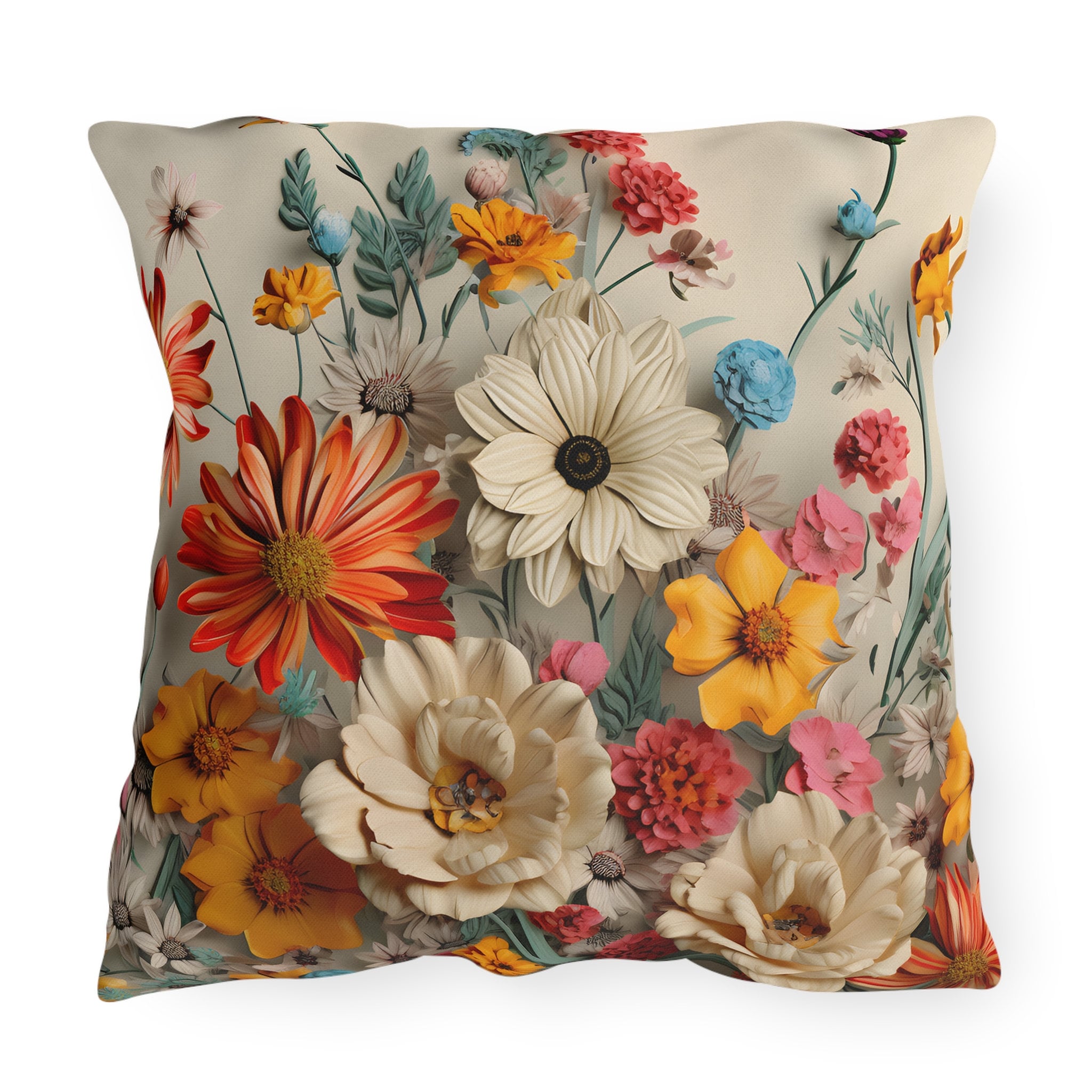 Vibrant Boho Wildflower Outdoor Pillow - Water-Resistant Patio Cushion for Poolside Decor