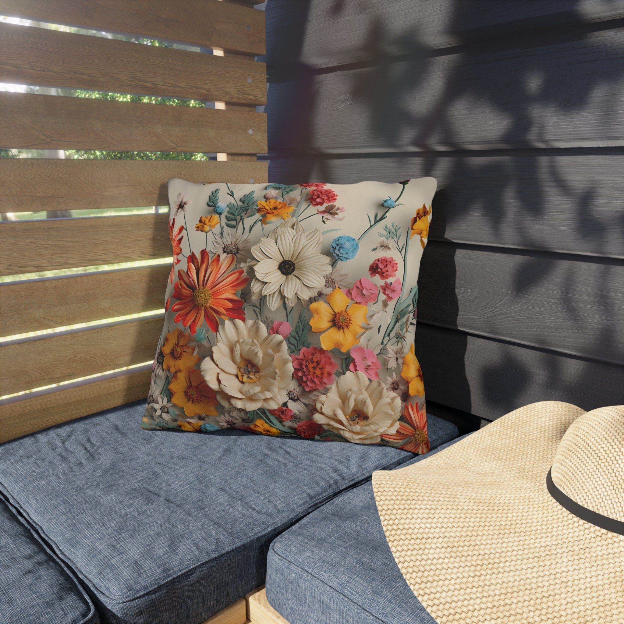 Vibrant Boho Wildflower Outdoor Pillow - Water-Resistant Patio Cushion for Poolside Decor