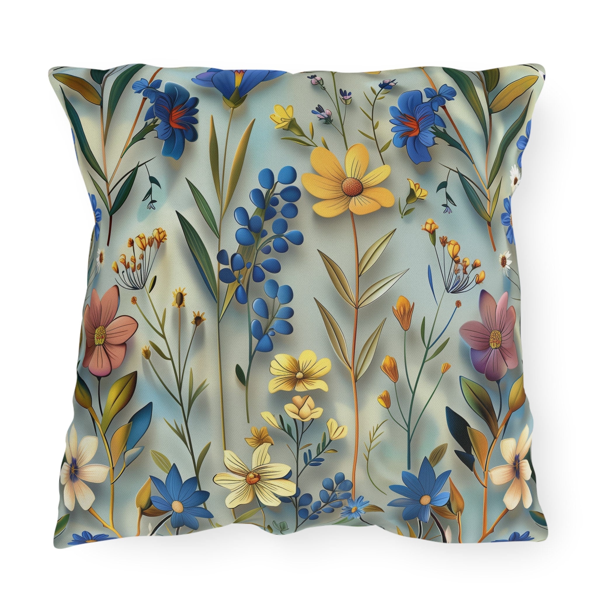 Floral Garden Outdoor Pillow: Vibrant Blue, Yellow, Pink Patio Cushion