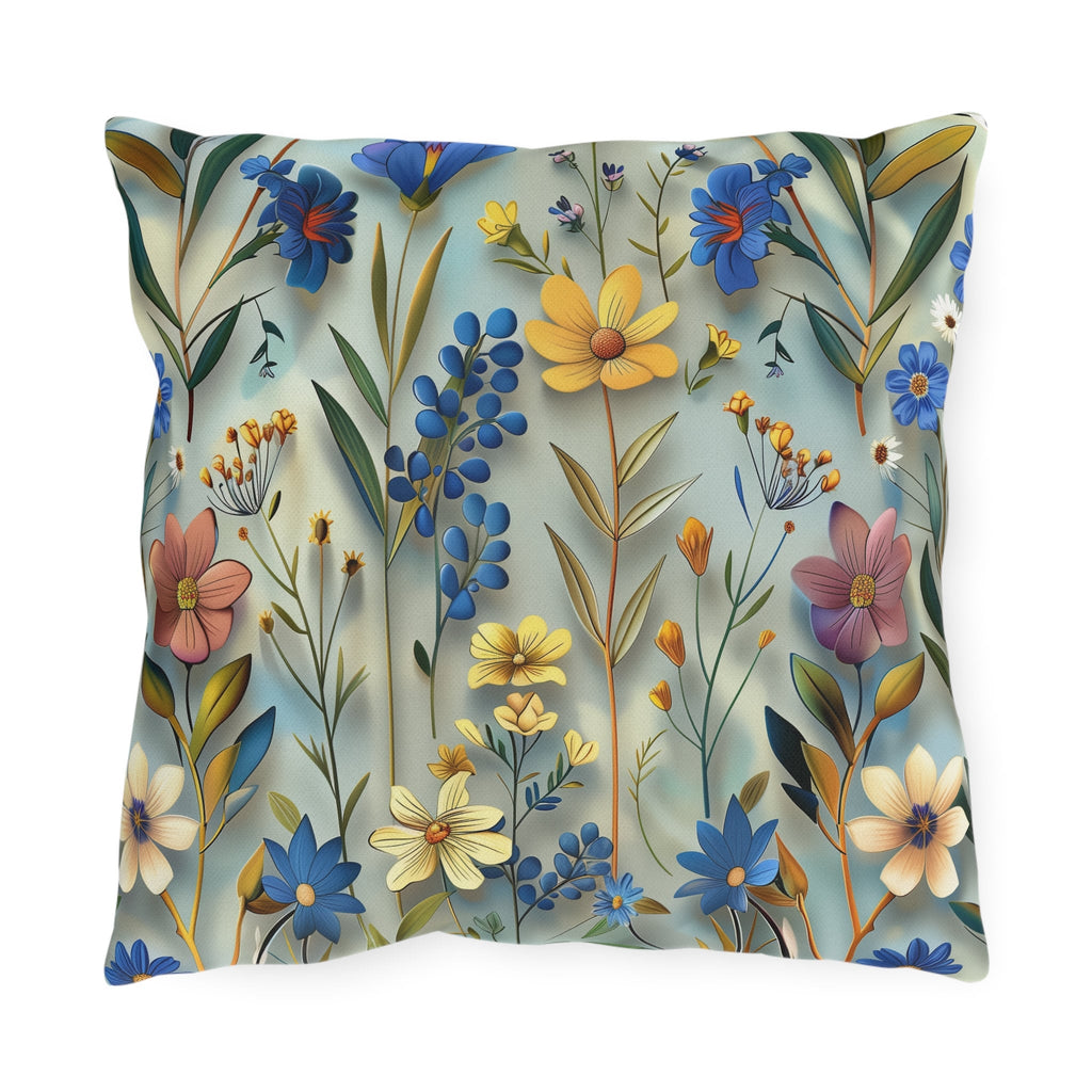 Floral Garden Outdoor Pillow: Vibrant Blue, Yellow, Pink Patio Cushion