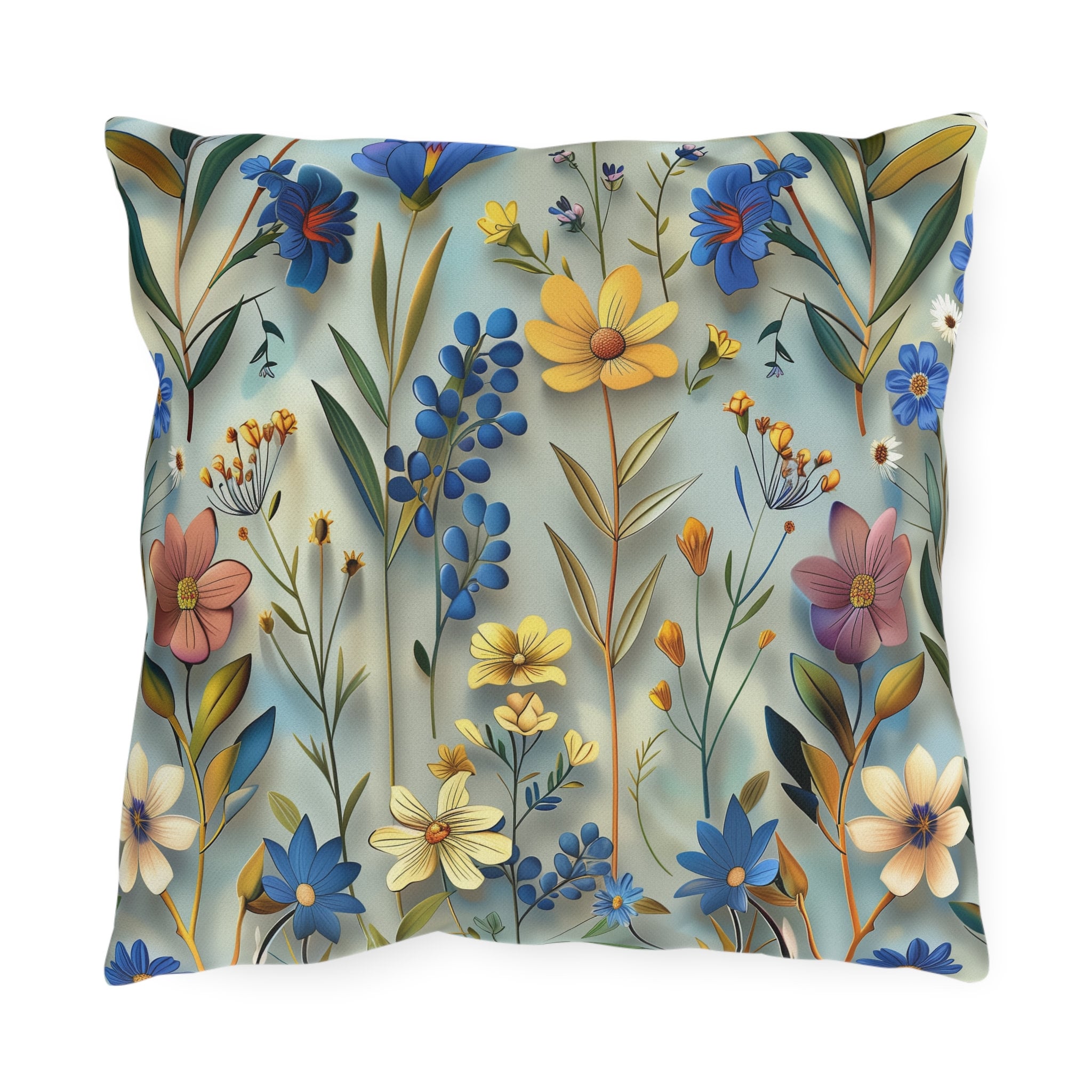 Floral Garden Outdoor Pillow: Vibrant Blue, Yellow, Pink Patio Cushion