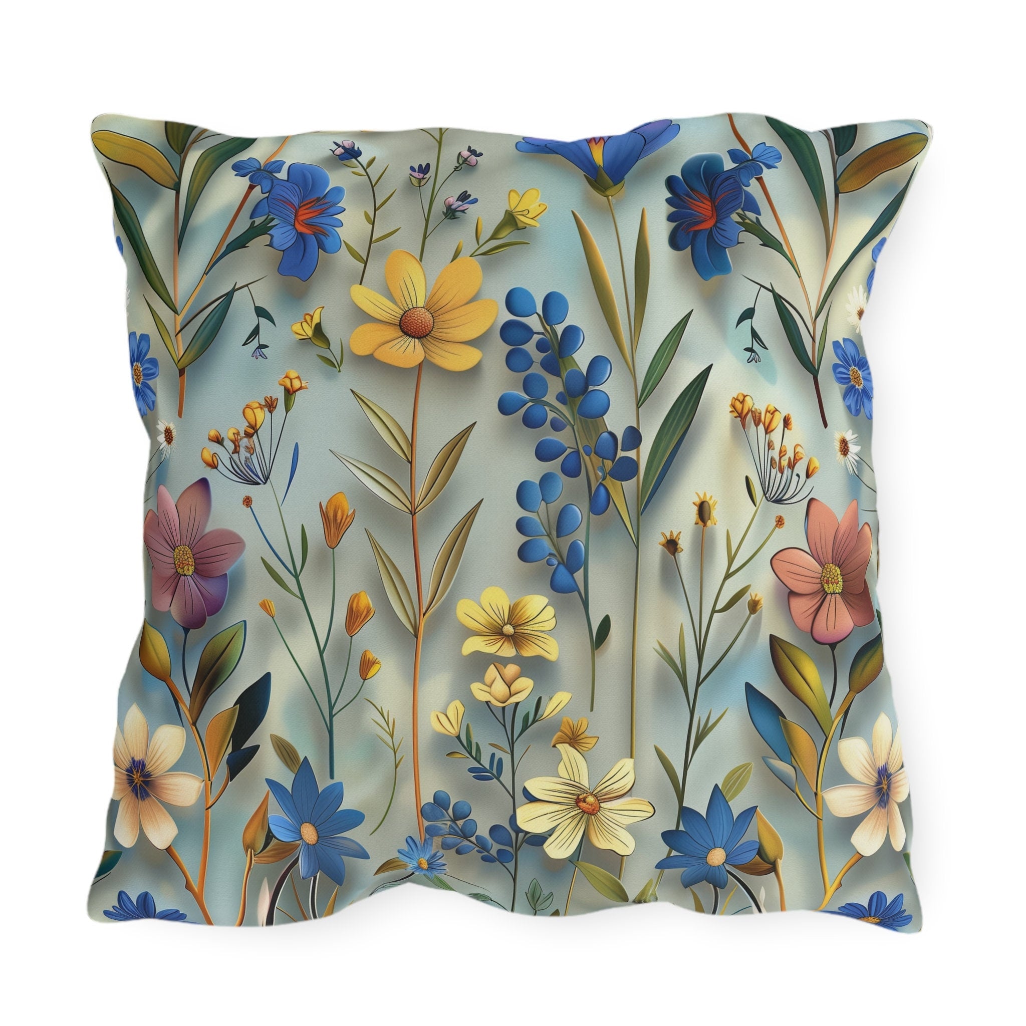 Floral Garden Outdoor Pillow: Vibrant Blue, Yellow, Pink Patio Cushion