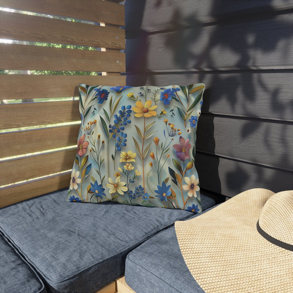 Floral Garden Outdoor Pillow: Vibrant Blue, Yellow, Pink Patio Cushion