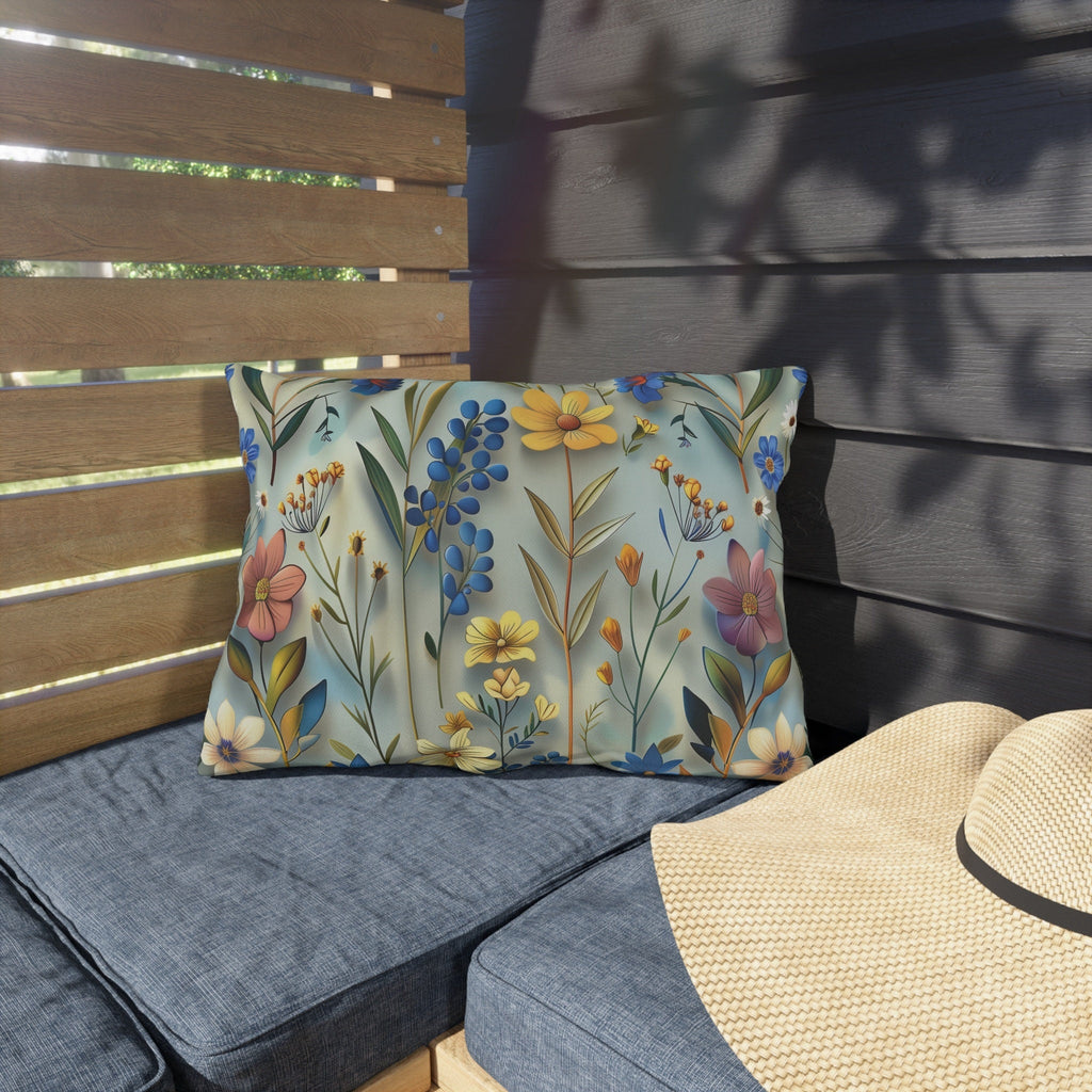 Floral Garden Outdoor Pillow: Vibrant Blue, Yellow, Pink Patio Cushion