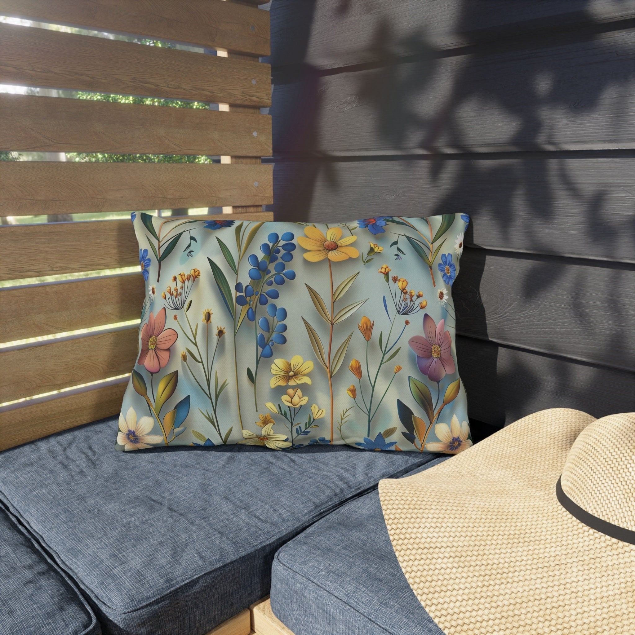 Floral Garden Outdoor Pillow: Vibrant Blue, Yellow, Pink Patio Cushion