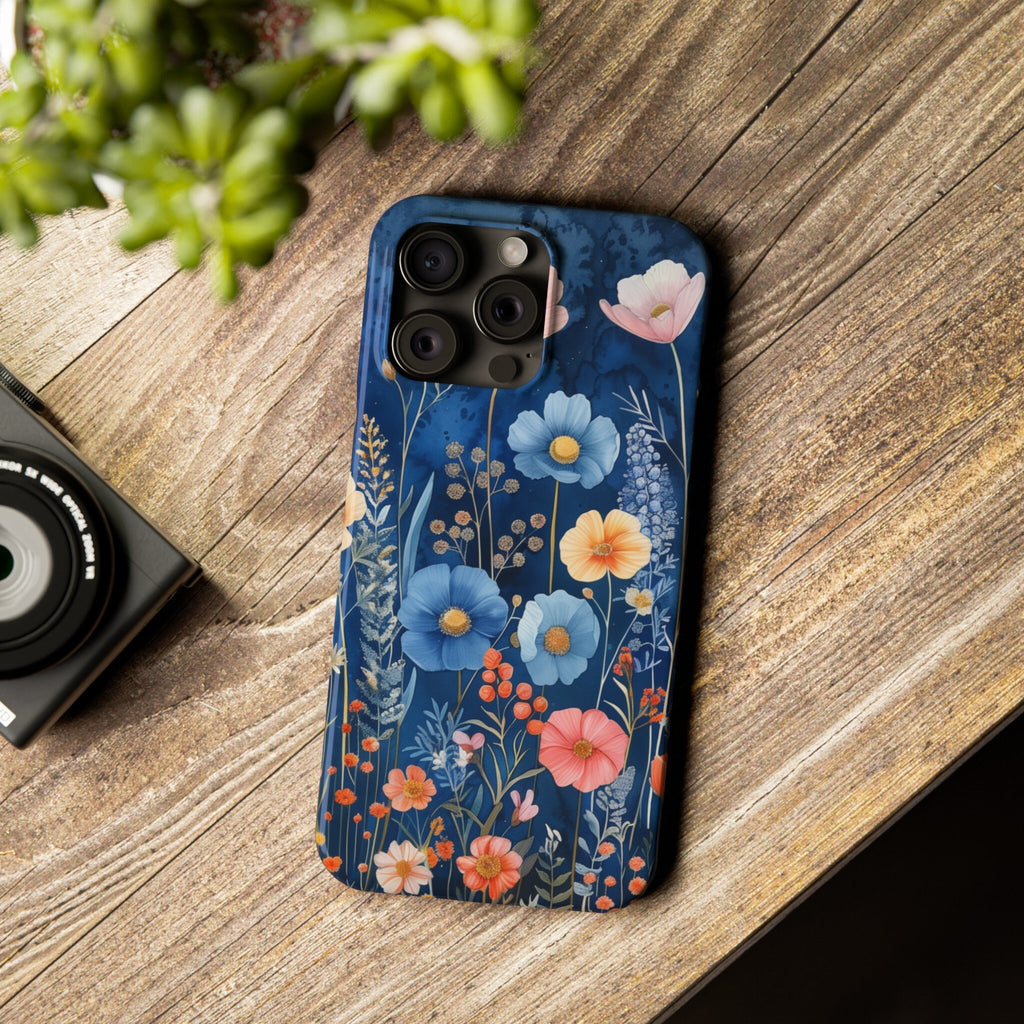 Navy Blue Floral iPhone Case: Dreamy Wildflower Garden
