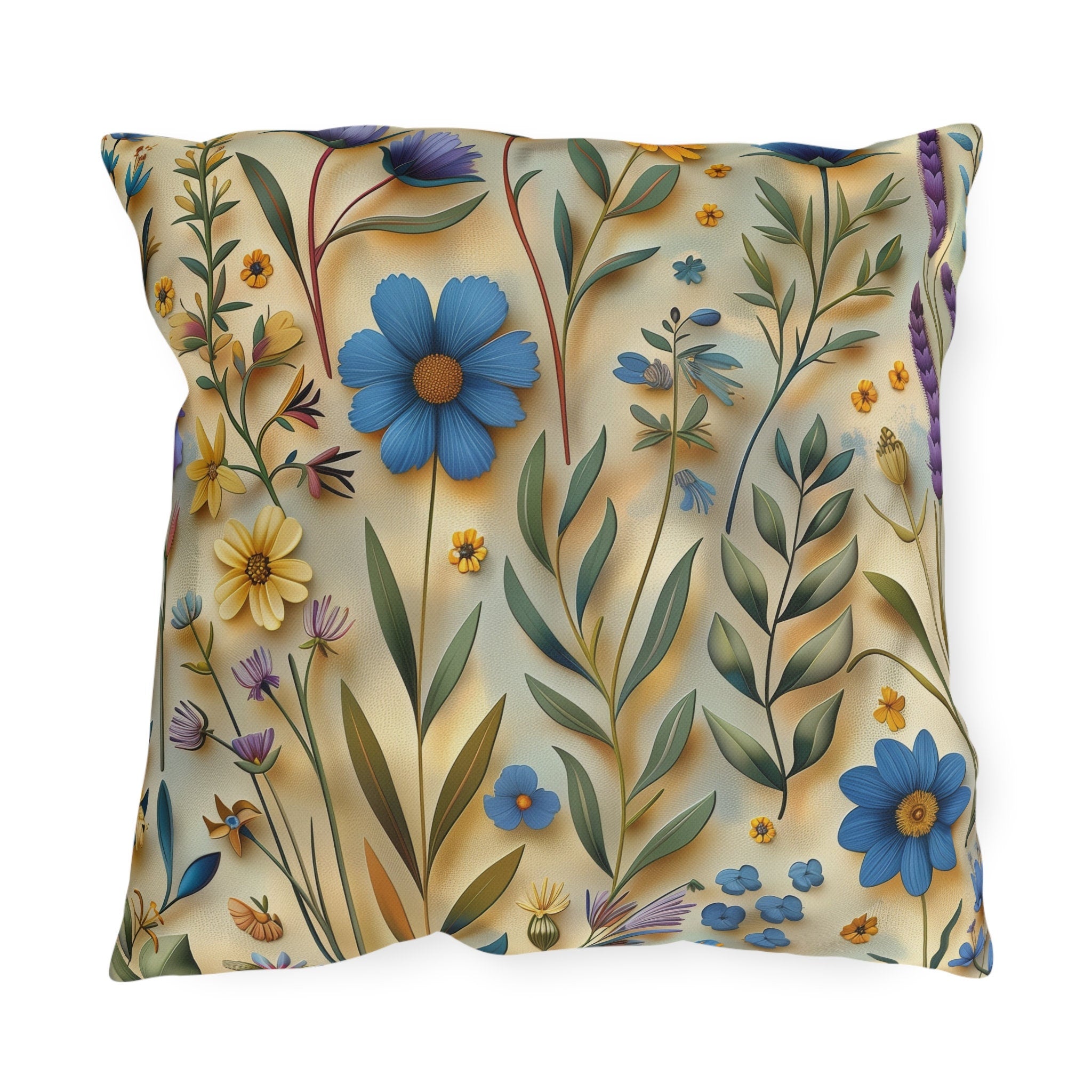 Cottagecore Wildflower Outdoor Pillow: Blue, Yellow, Green Floral Cushion