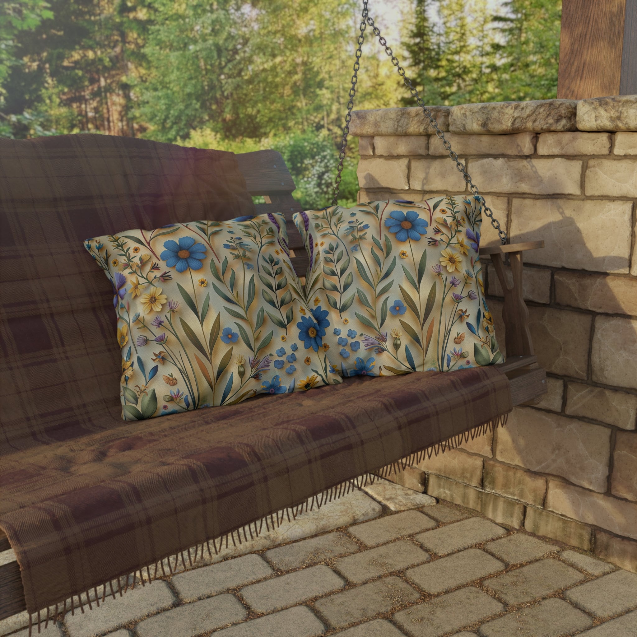 Cottagecore Wildflower Outdoor Pillow: Blue, Yellow, Green Floral Cushion