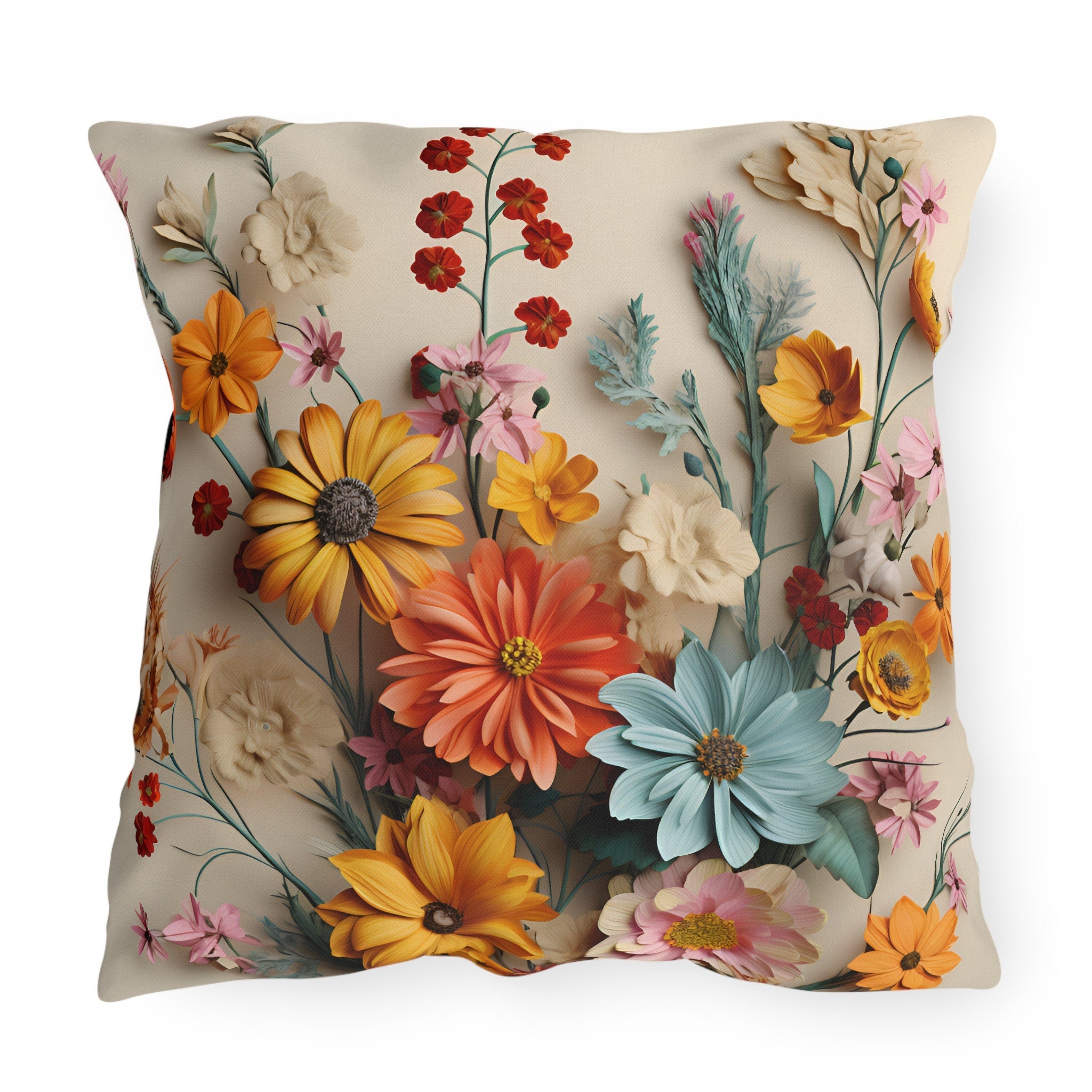 Vintage Style Wildflower Outdoor Pillow: Colorful Floral Bouquet, Water Resistant