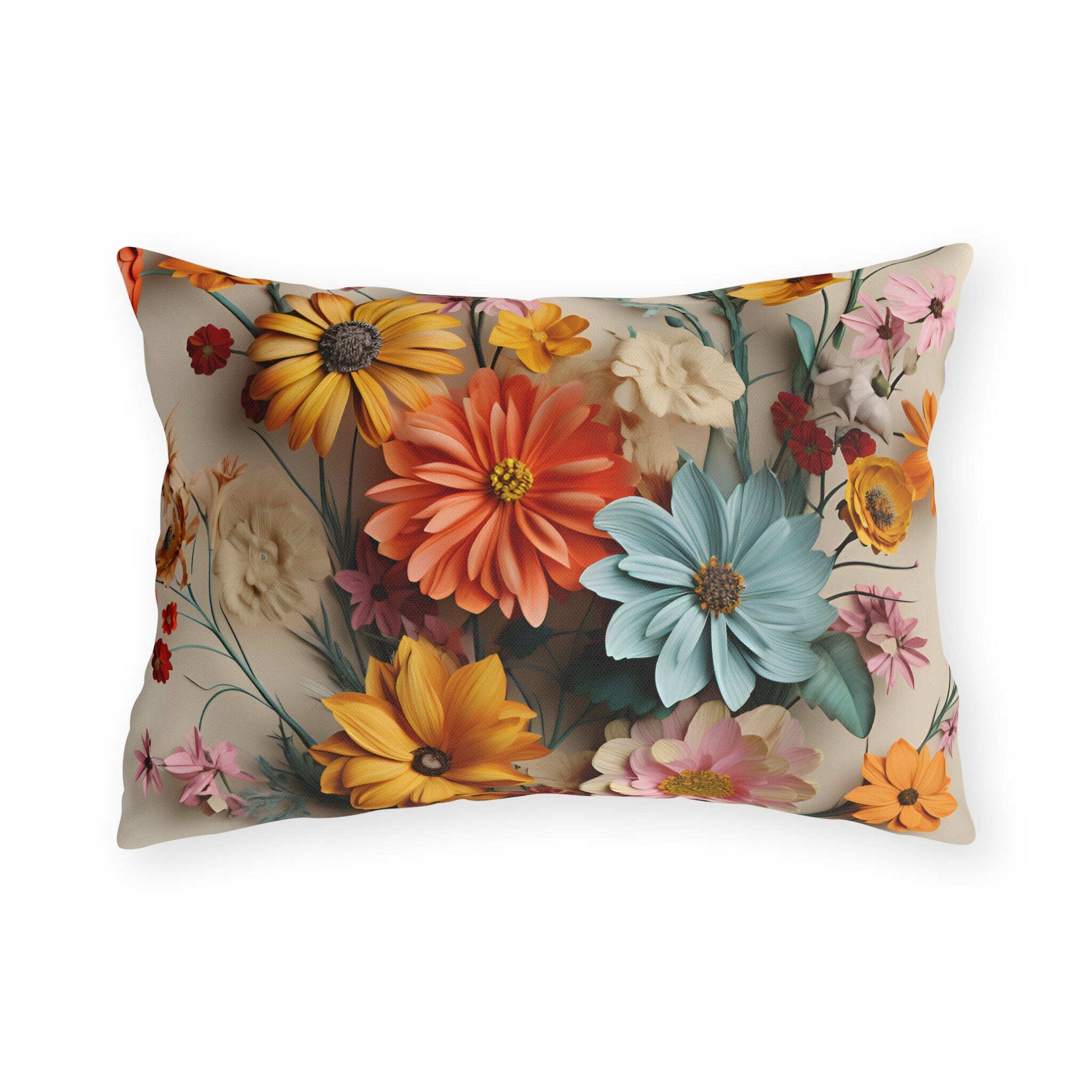 Vintage Style Wildflower Outdoor Pillow: Colorful Floral Bouquet, Water Resistant