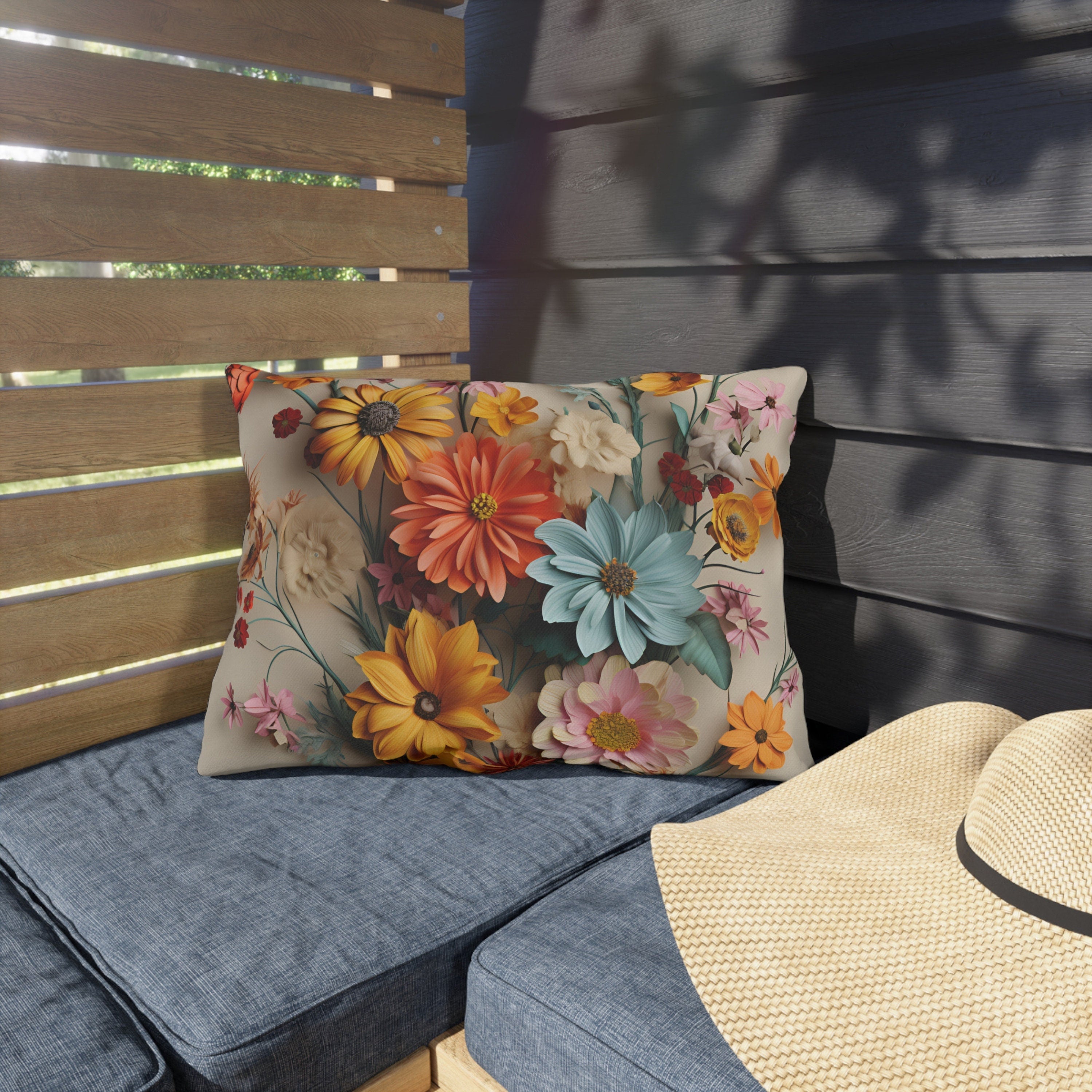 Vintage Style Wildflower Outdoor Pillow: Colorful Floral Bouquet, Water Resistant