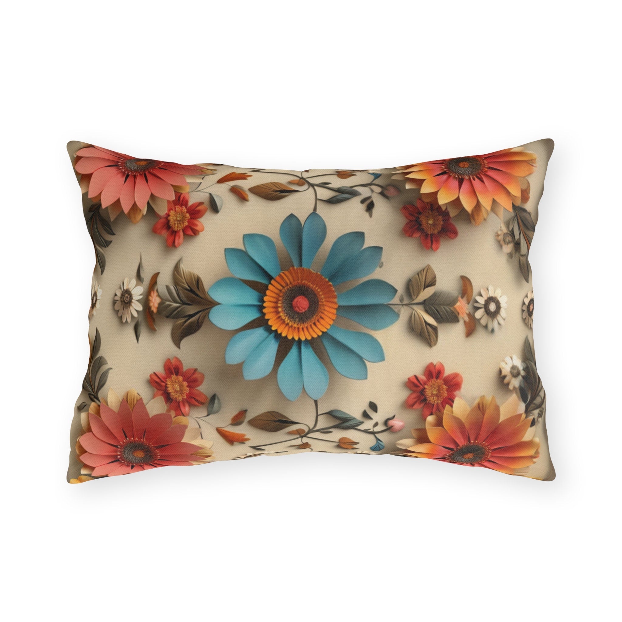 Blue Daisy Floral Outdoor Pillow: Boho Garden Cushion