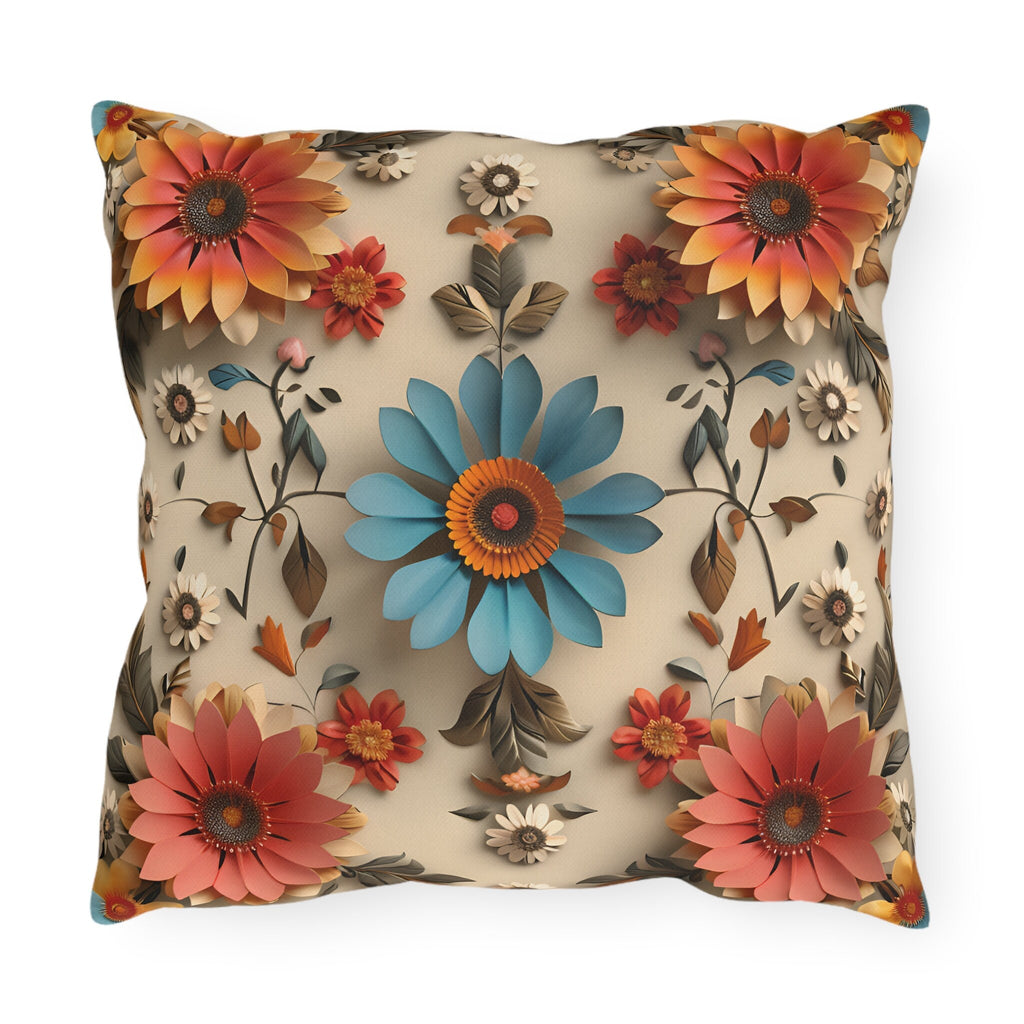 Blue Daisy Floral Outdoor Pillow: Boho Garden Cushion