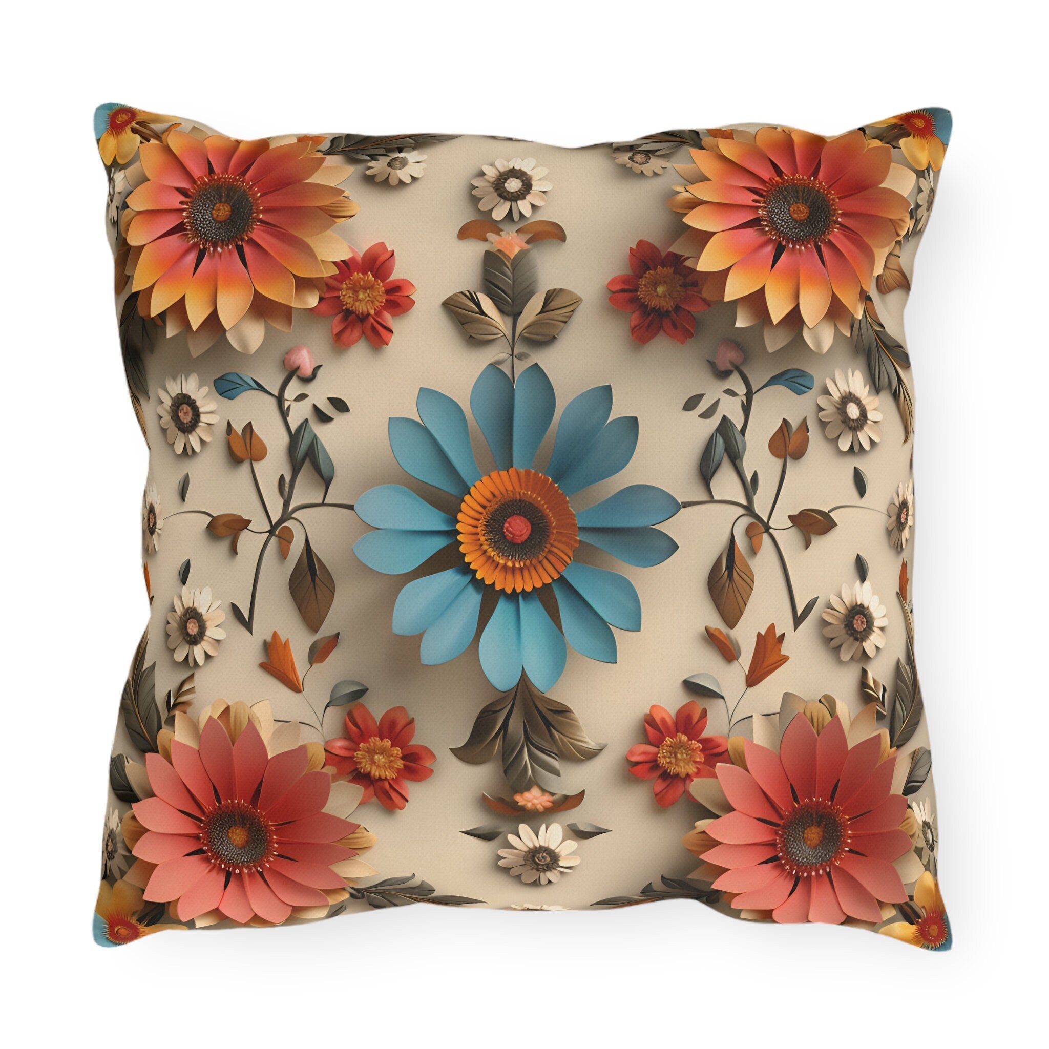 Blue Daisy Floral Outdoor Pillow: Boho Garden Cushion