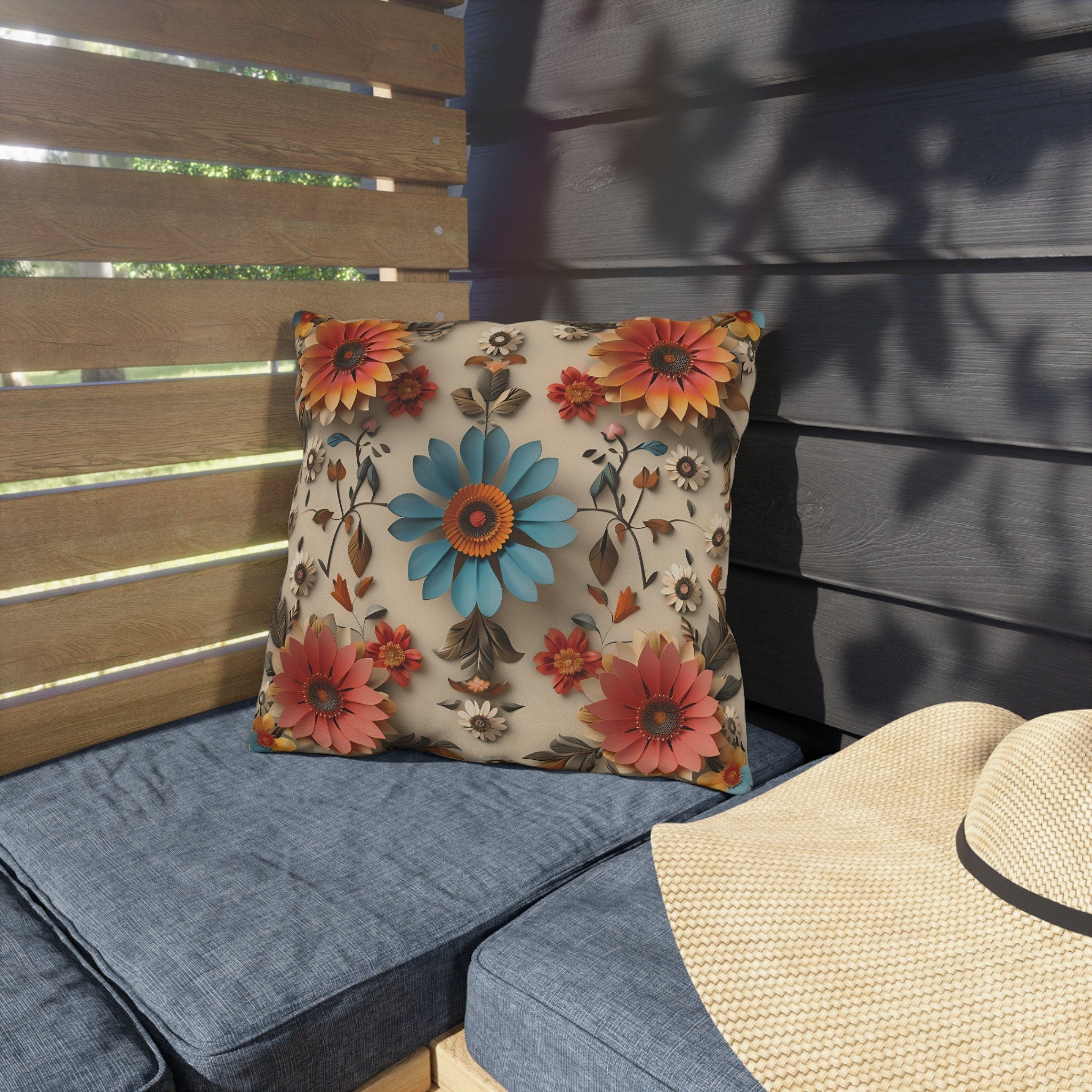 Blue Daisy Floral Outdoor Pillow: Boho Garden Cushion