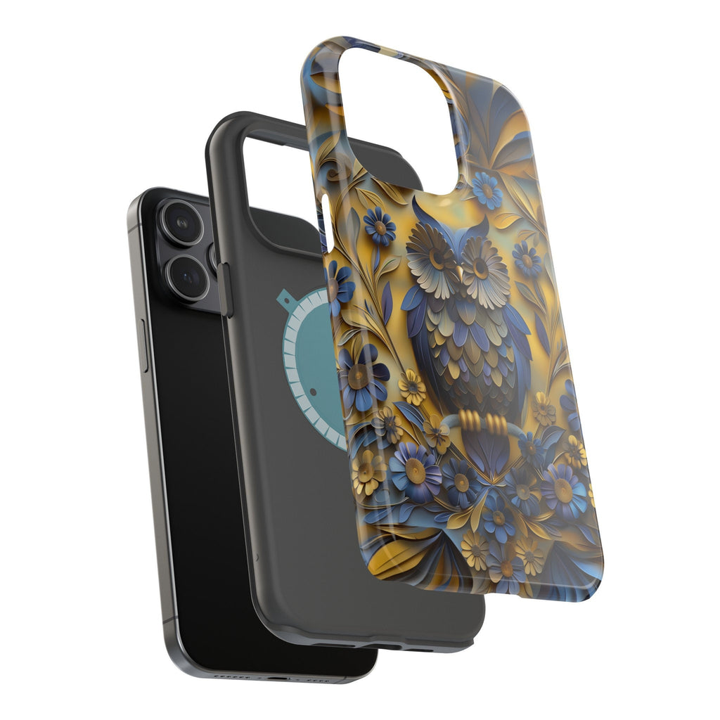Artistic Owl iPhone MagSafe Case: Blue & Yellow Floral Design