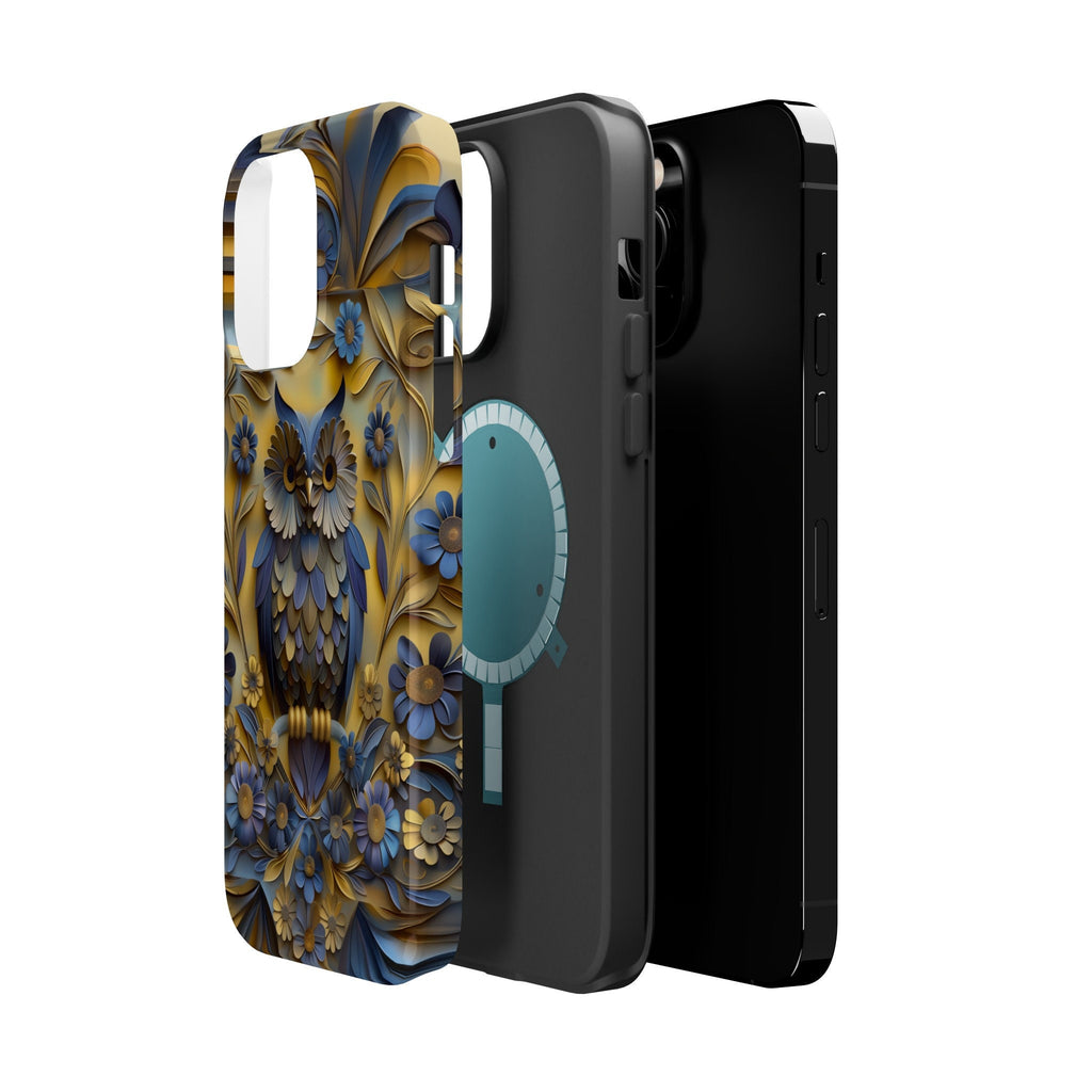 Artistic Owl iPhone MagSafe Case: Blue & Yellow Floral Design