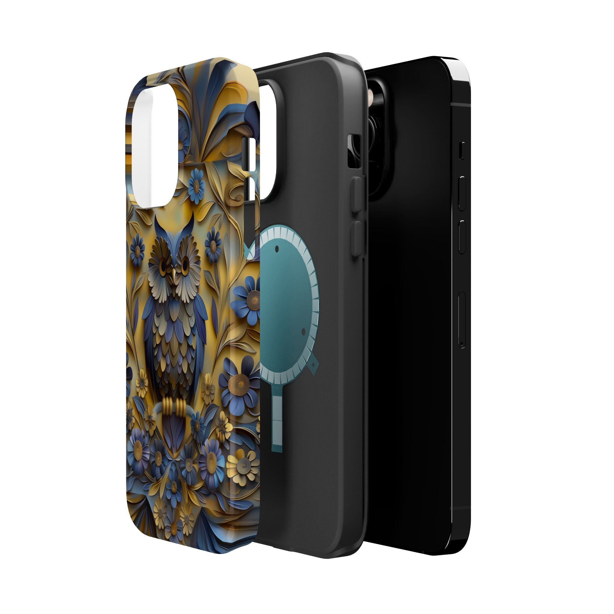 Artistic Owl iPhone MagSafe Case: Blue & Yellow Floral Design
