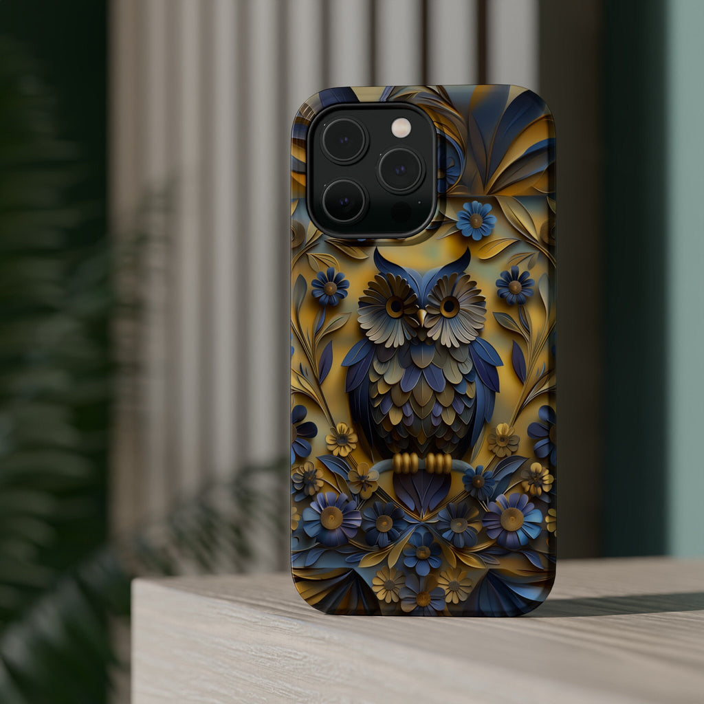 Artistic Owl iPhone MagSafe Case: Blue & Yellow Floral Design