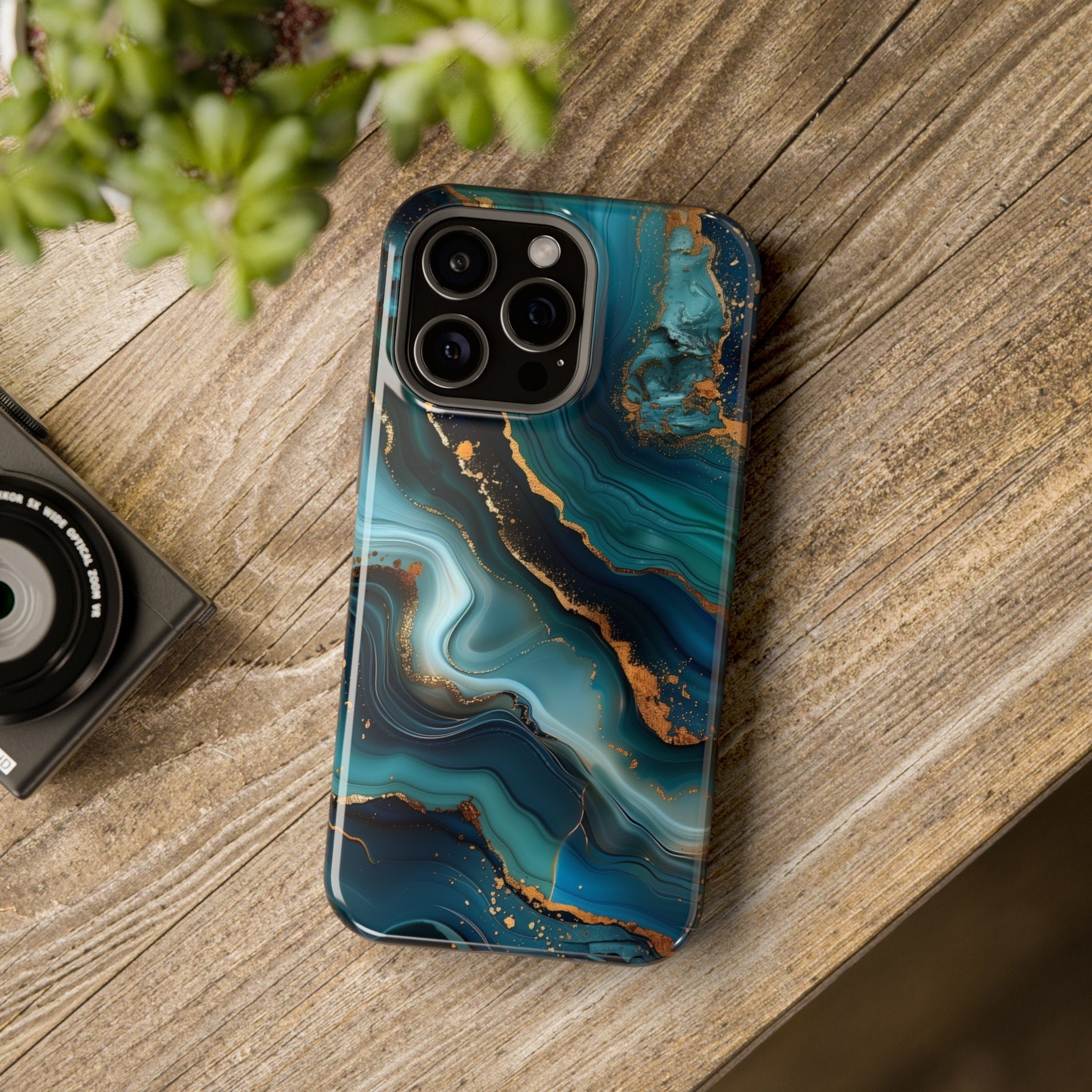 Teal Ocean Waves iPhone MagSafe Case: Blue & Gold Accents