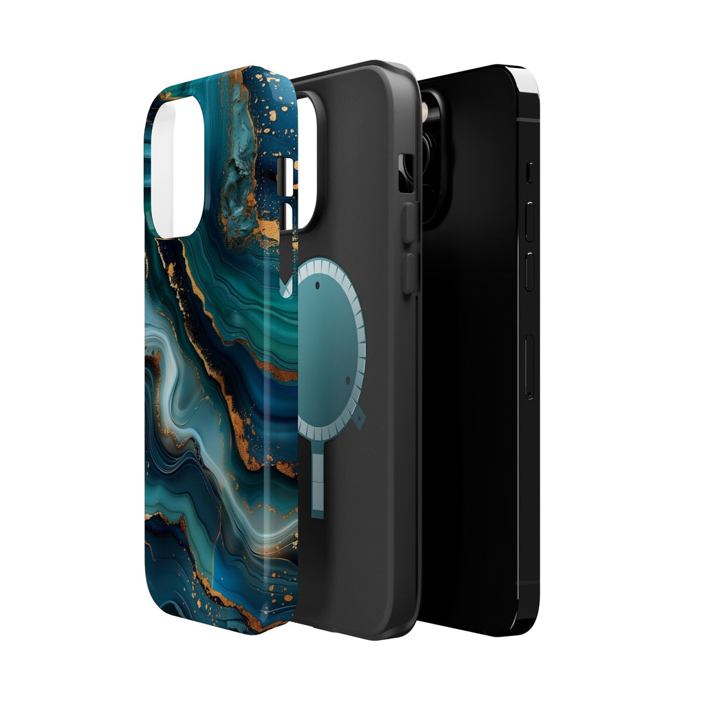 Teal Ocean Waves iPhone MagSafe Case: Blue & Gold Accents