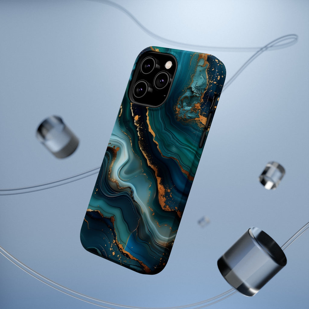 Teal Ocean Waves iPhone MagSafe Case: Blue & Gold Accents