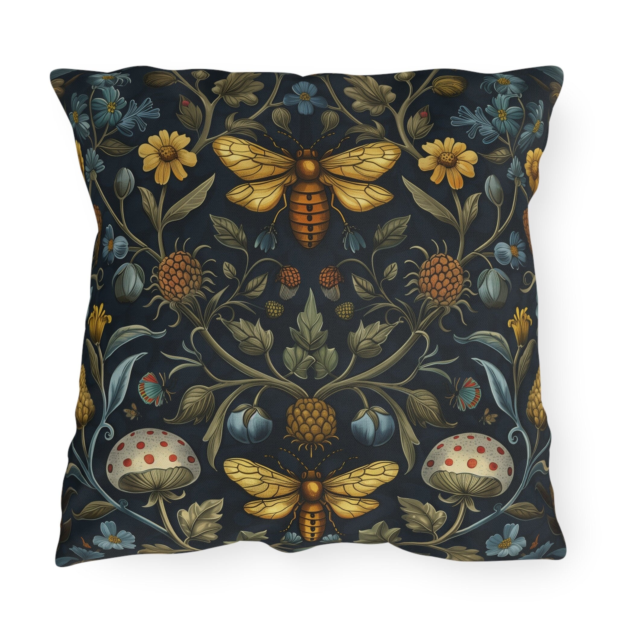 William Morris Inspired Outdoor Pillow: Botanical Bee Garden Decor