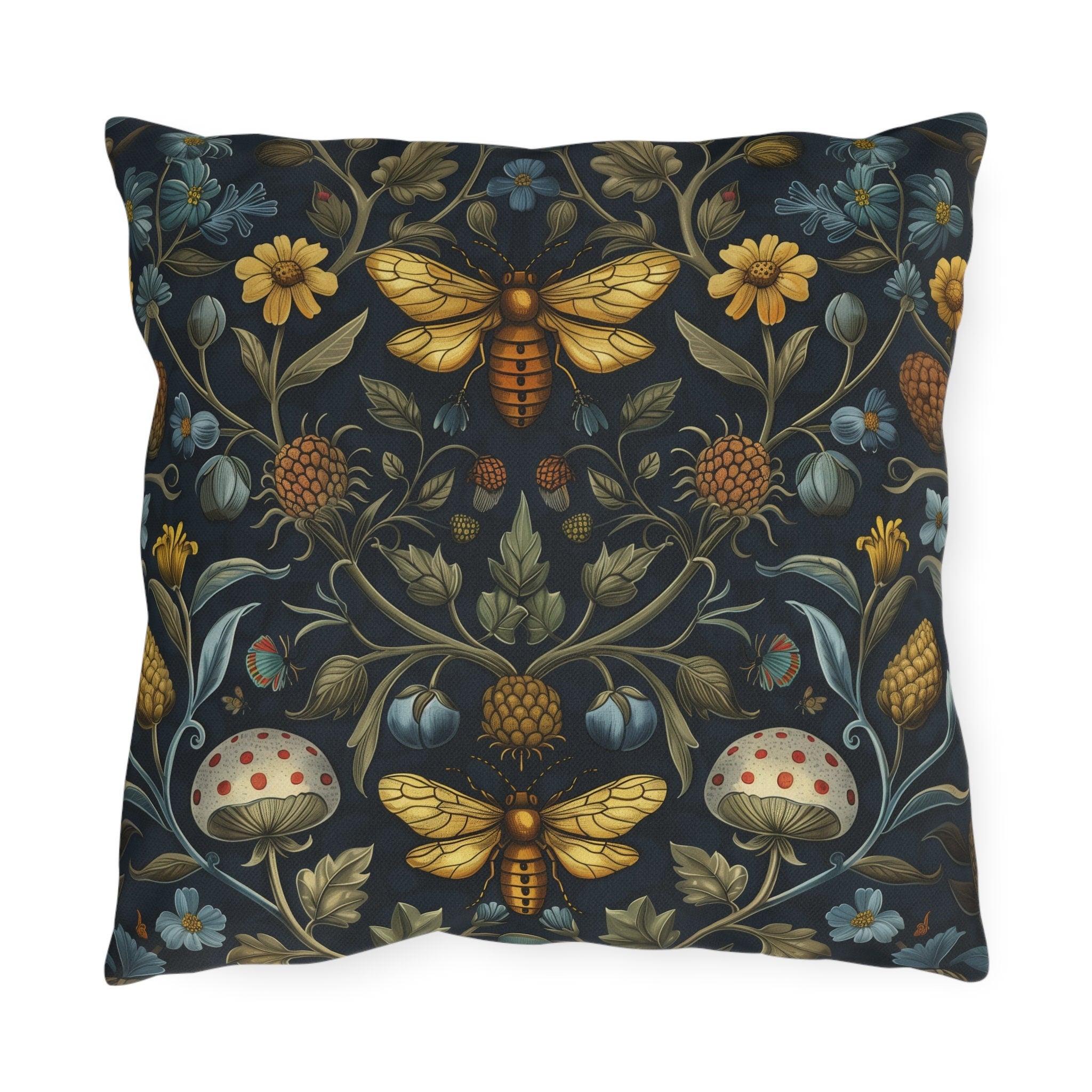 William Morris Inspired Outdoor Pillow: Botanical Bee Garden Decor