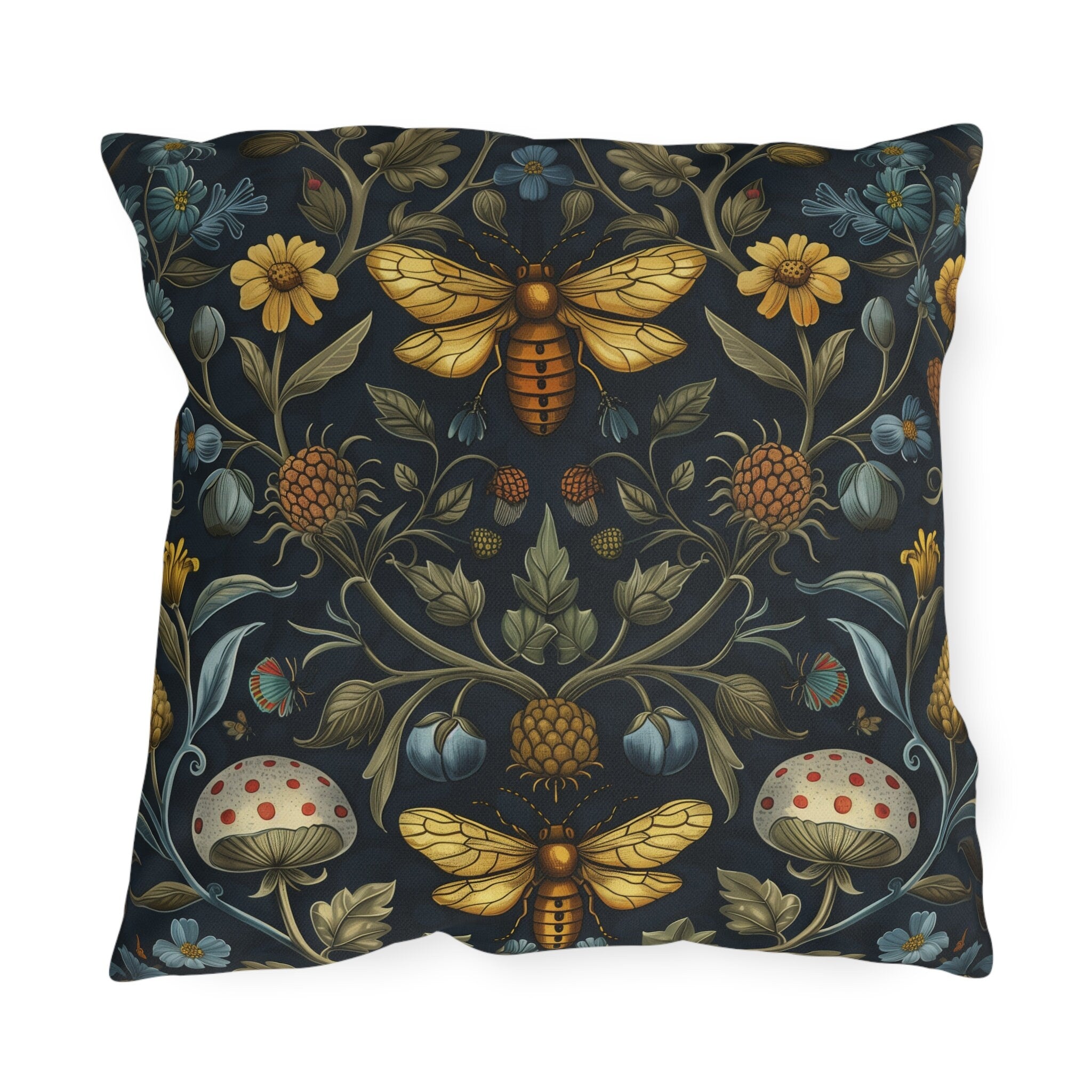 William Morris Inspired Outdoor Pillow: Botanical Bee Garden Decor