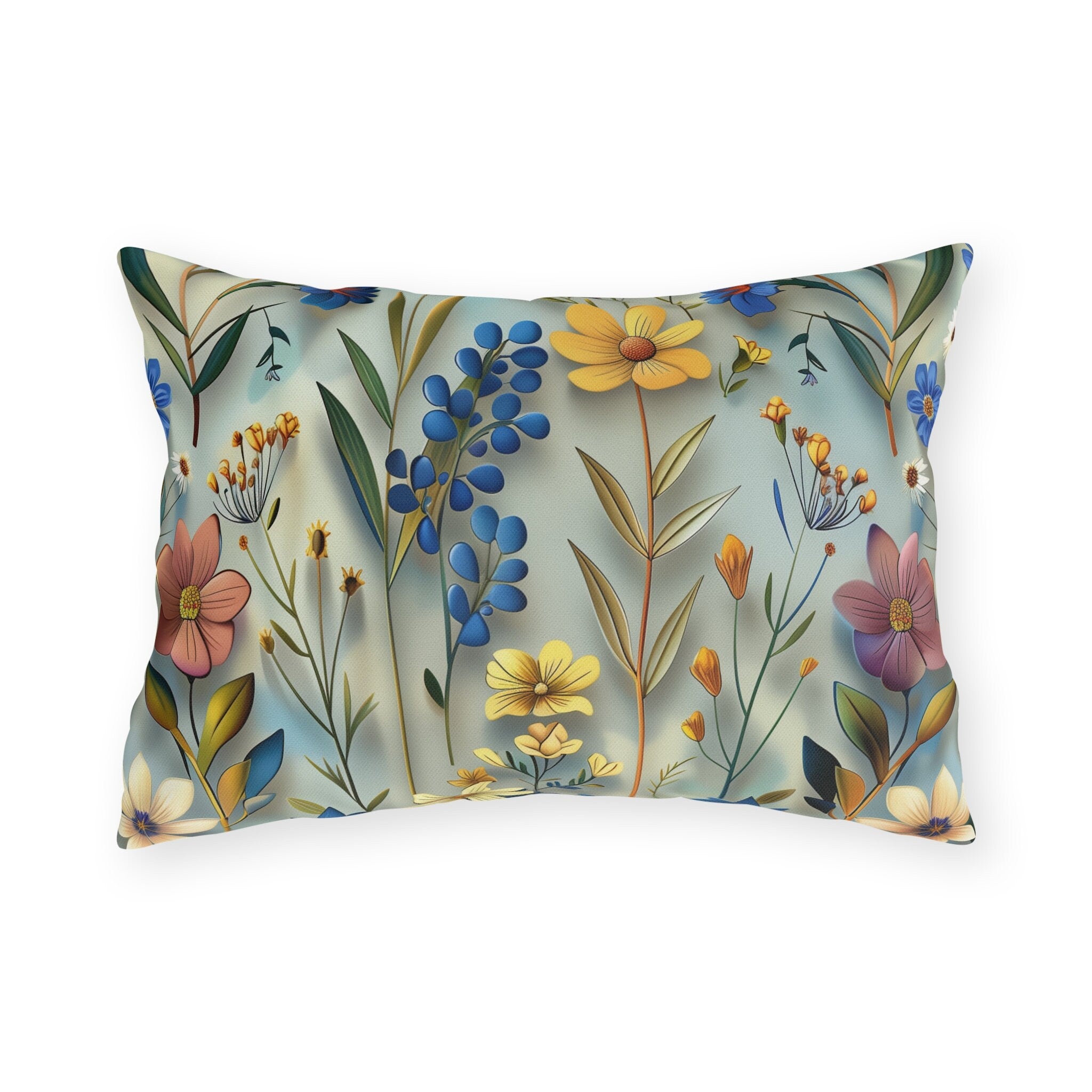Floral Garden Outdoor Pillow: Vibrant Blue, Yellow, Pink Patio Cushion