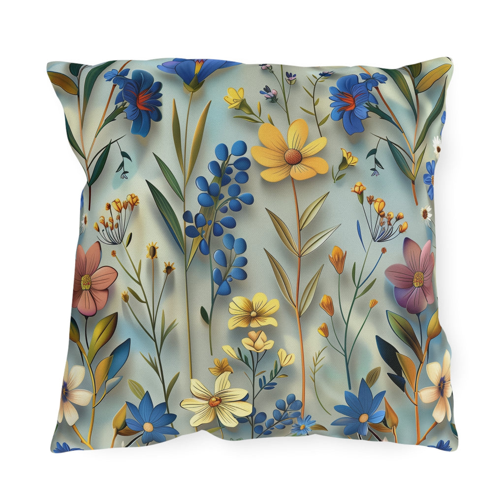 Floral Garden Outdoor Pillow: Vibrant Blue, Yellow, Pink Patio Cushion