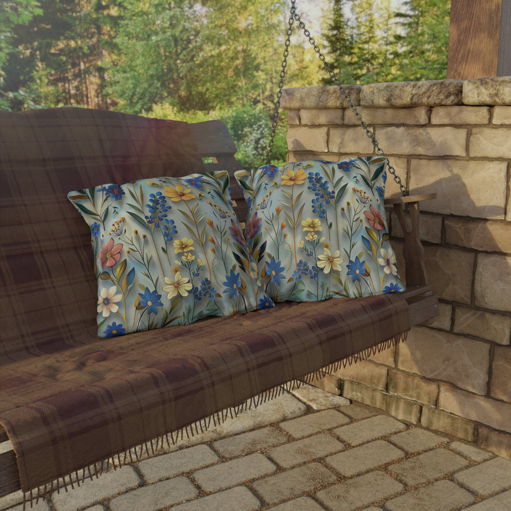 Floral Garden Outdoor Pillow: Vibrant Blue, Yellow, Pink Patio Cushion