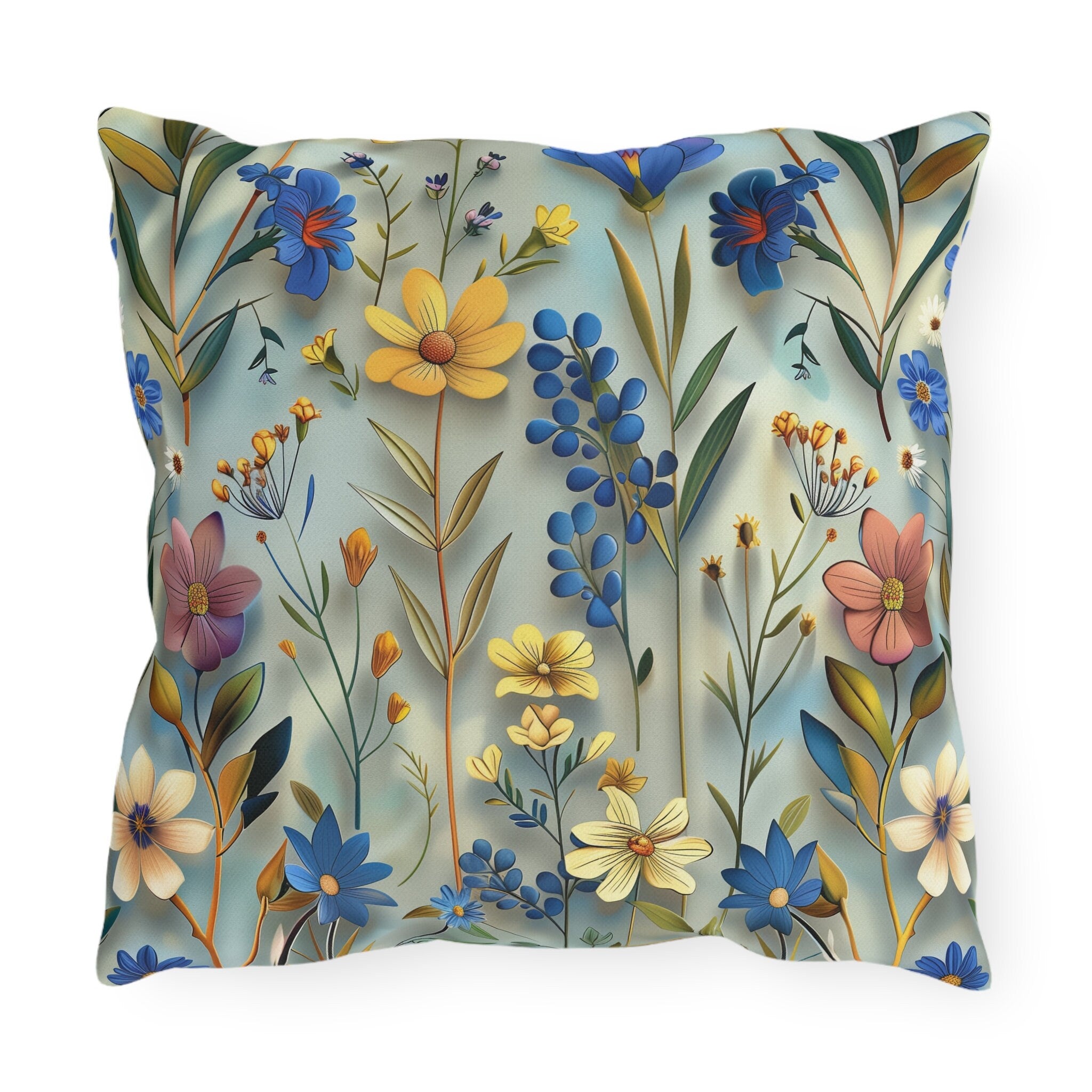 Floral Garden Outdoor Pillow: Vibrant Blue, Yellow, Pink Patio Cushion