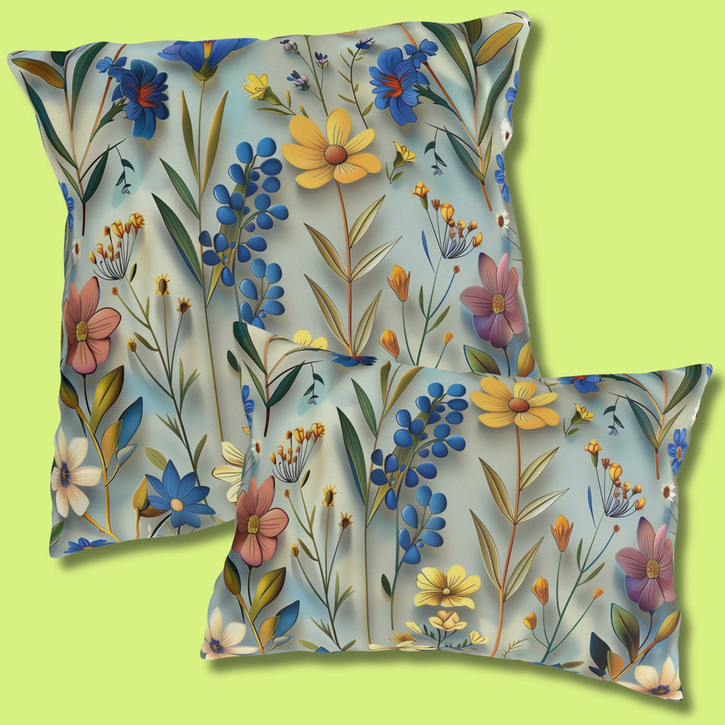 Floral Garden Outdoor Pillow: Vibrant Blue, Yellow, Pink Patio Cushion